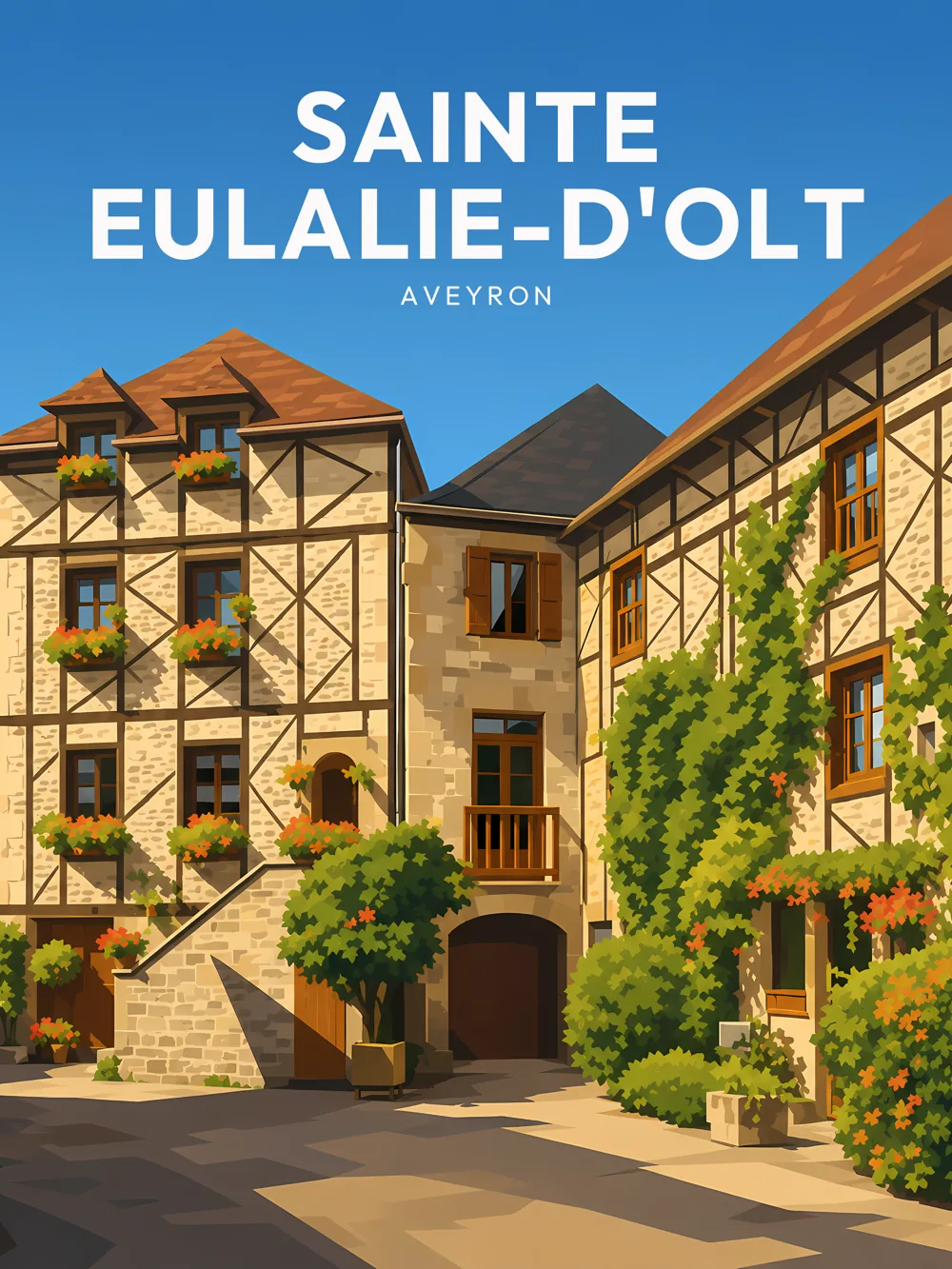 Illustration de Sainte-Eulalie-d'Olt, dans le département de l'Aveyron, réalisée dans un style d'affiche touristique vintage. L'image présente un ensemble de maisons à colombages, avec des façades en pierre ornées de balcons fleuris. La composition montre un coin de rue baigné de lumière, accentuant les détails architecturaux. Les couleurs chaudes et la végétation environnante créent une ambiance accueillante. Sainte-Eulalie-d'Olt est remarquable par son patrimoine médiéval et ses paysages enchanteurs. Le village préserve une atmosphère authentique et un riche héritage local.
