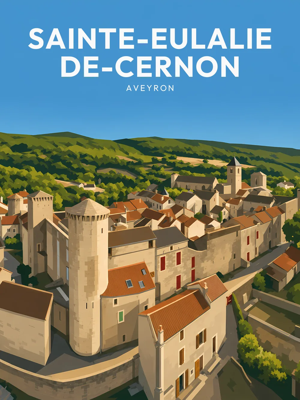 Illustration de Sainte-Eulalie-de-Cernon, dans le département de l'Aveyron, réalisée dans un style d'affiche touristique vintage. L'image présente un point de vue aérien sur les remparts du village, mettant en valeur l'architecture en pierre des maisons et les toits en tuiles. Les collines verdoyantes en arrière-plan ajoutent une touche de nature à la composition. Les aplats de couleurs et les formes géométriques simplifiées évoquent un style rétro. Sainte-Eulalie-de-Cernon est remarquable pour son patrimoine médiéval et son ambiance tranquille, idéale pour les visiteurs en quête d'authenticité.