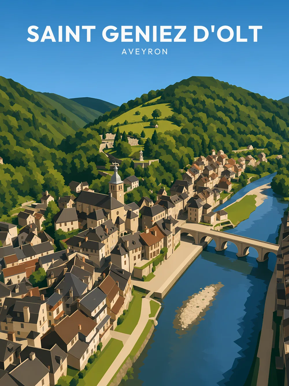 Illustration de Saint Geniez d'Olt, dans le département de l'Aveyron, réalisée dans un style d'affiche touristique vintage. On y voit le village entouré de collines verdoyantes, avec un fleuve serpentant au centre, des maisons aux toits bruns et un pont en pierre. La composition montre une vue aérienne mettant en avant l'harmonie entre le bâti et la nature. Saint Geniez d'Olt est réputée pour son patrimoine architectural et ses paysages naturels. La commune est un véritable écrin de tranquillité et de beauté.