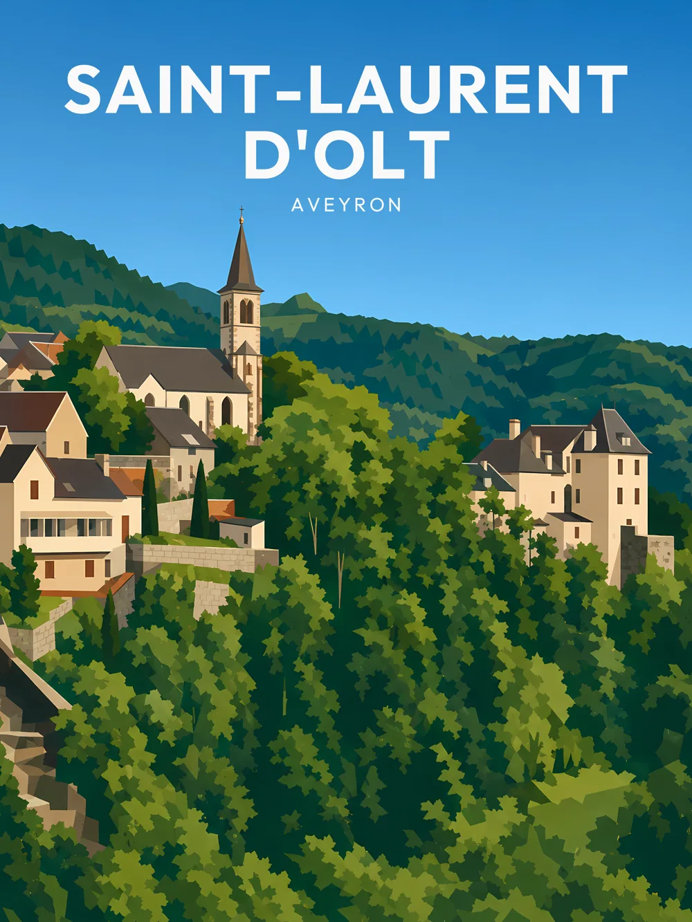 Illustration de Saint-Laurent-d'Olt, dans le département de l'Aveyron, réalisée dans un style d'affiche touristique vintage. La composition met en avant un village pittoresque, avec des maisons typiques et un clocher, entouré d'une nature luxuriante. Les collines verdoyantes créent un contraste avec le ciel bleu clair, tandis que les formes simplifiées et les aplats de couleurs évoquent le style rétro. Saint-Laurent-d'Olt est remarquable pour son patrimoine historique et sa beauté naturelle, faisant de cette commune un lieu de visite apprécié.