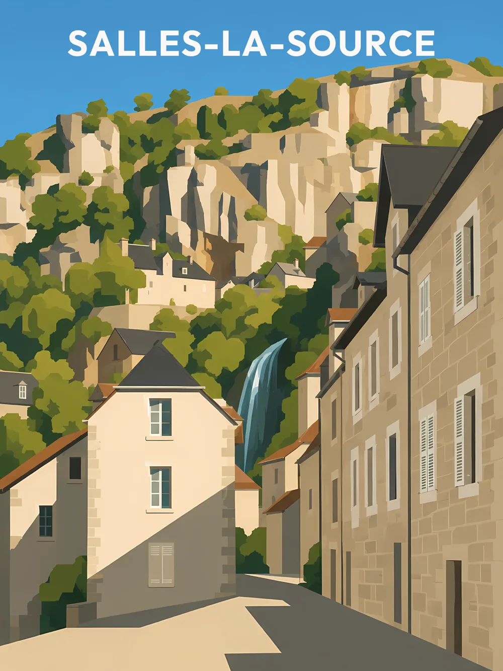 Illustration de Salles-la-Source, dans le département de l'Aveyron, réalisée dans un style d'affiche touristique vintage. L'image montre des maisons en pierre aux toits pentus, avec une cascade qui descend des falaises verdoyantes en arrière-plan. Les couleurs sont chaudes et lumineuses, et le style graphique se caractérise par des formes géométriques et des aplats de couleurs. Salles-la-Source est remarquable pour son cadre naturel et son patrimoine architectural. Le village met en valeur l'harmonie entre l'homme et la nature.