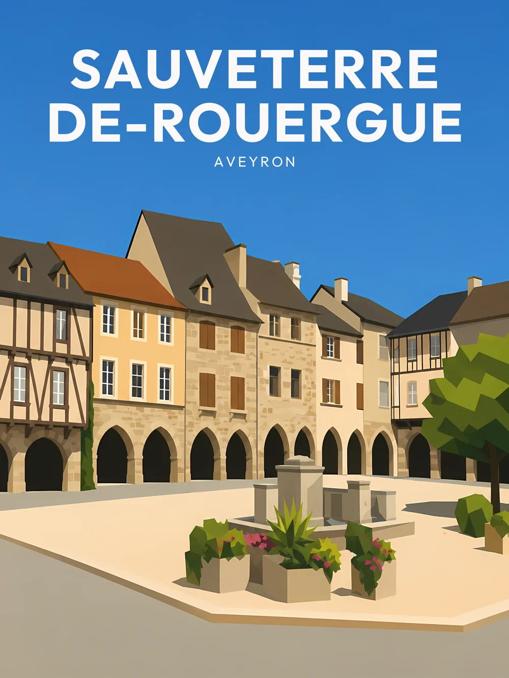 Illustration de Sauveterre-de-Rouergue, dans le département de l'Aveyron, réalisée dans un style d'affiche touristique vintage. On y voit une place bordée de maisons à colombages et de façades en pierre, avec une fontaine au centre et une végétation colorée. Les couleurs chaudes et la lumière du jour apportent une atmosphère accueillante. Sauveterre-de-Rouergue est remarquable pour son patrimoine médiéval et ses ruelles pittoresques. Le village offre un véritable témoignage de l'histoire locale et de l'architecture régionale.
