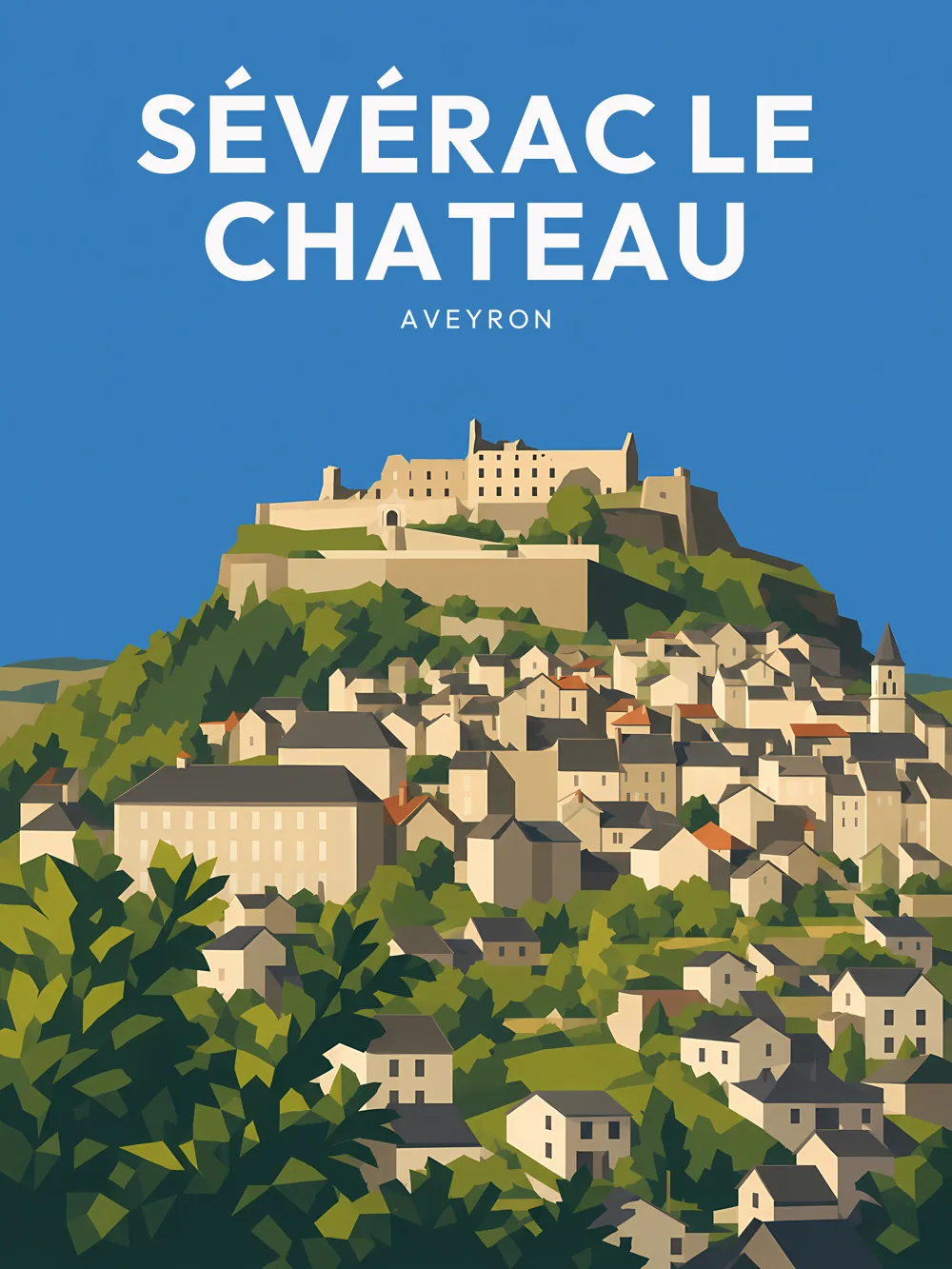 Illustration de Sévérac-le-Château, dans le département de l'Aveyron, réalisée dans un style d'affiche touristique vintage. La composition met en avant le château médiéval surplombant le village, entouré de maisons aux formes géométriques et d'une végétation verdoyante. Les couleurs dominantes sont des verts et des bleus apaisants, créant une lumière douce sur l'ensemble de la scène. Sévérac-le-Château est remarquable pour son patrimoine architectural et ses paysages pittoresques. Le château et le village témoignent de l'histoire riche de cette commune.