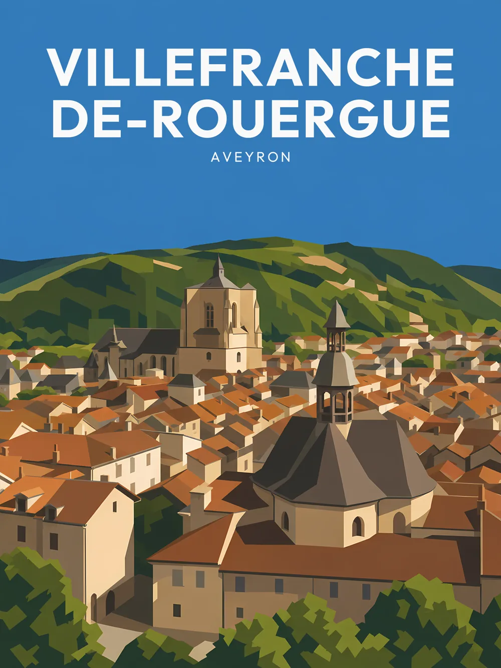 Illustration de Villefranche-de-Rouergue, dans le département de l'Aveyron, réalisée dans un style d'affiche touristique vintage. La composition montre un panorama de la ville avec des bâtiments historiques aux toits de tuiles, surplombés par un clocher et une église. Les collines verdoyantes en arrière-plan ajoutent une touche naturelle à la scène. Les couleurs vives et les formes géométriques simplifiées créent une atmosphère rétro. Villefranche-de-Rouergue est remarquable pour son patrimoine médiéval et son ambiance authentique, valorisant ainsi son histoire locale.
