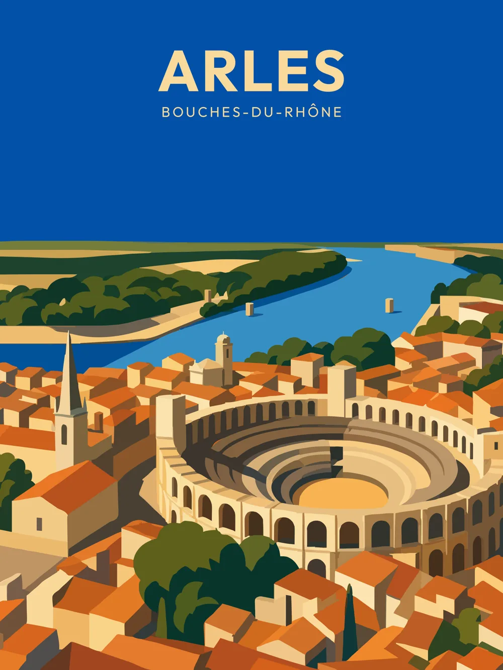 Illustration d'Arles dans les Bouches-du-Rhône réalisée dans un style d'affiche touristique vintage. L'image représente les célèbres Arènes romaines au cœur du centre historique, entourées des toitures provençales, avec le Rhône et les paysages de Camargue visibles en arrière-plan. Une composition mettant en valeur le patrimoine antique emblématique de la ville.