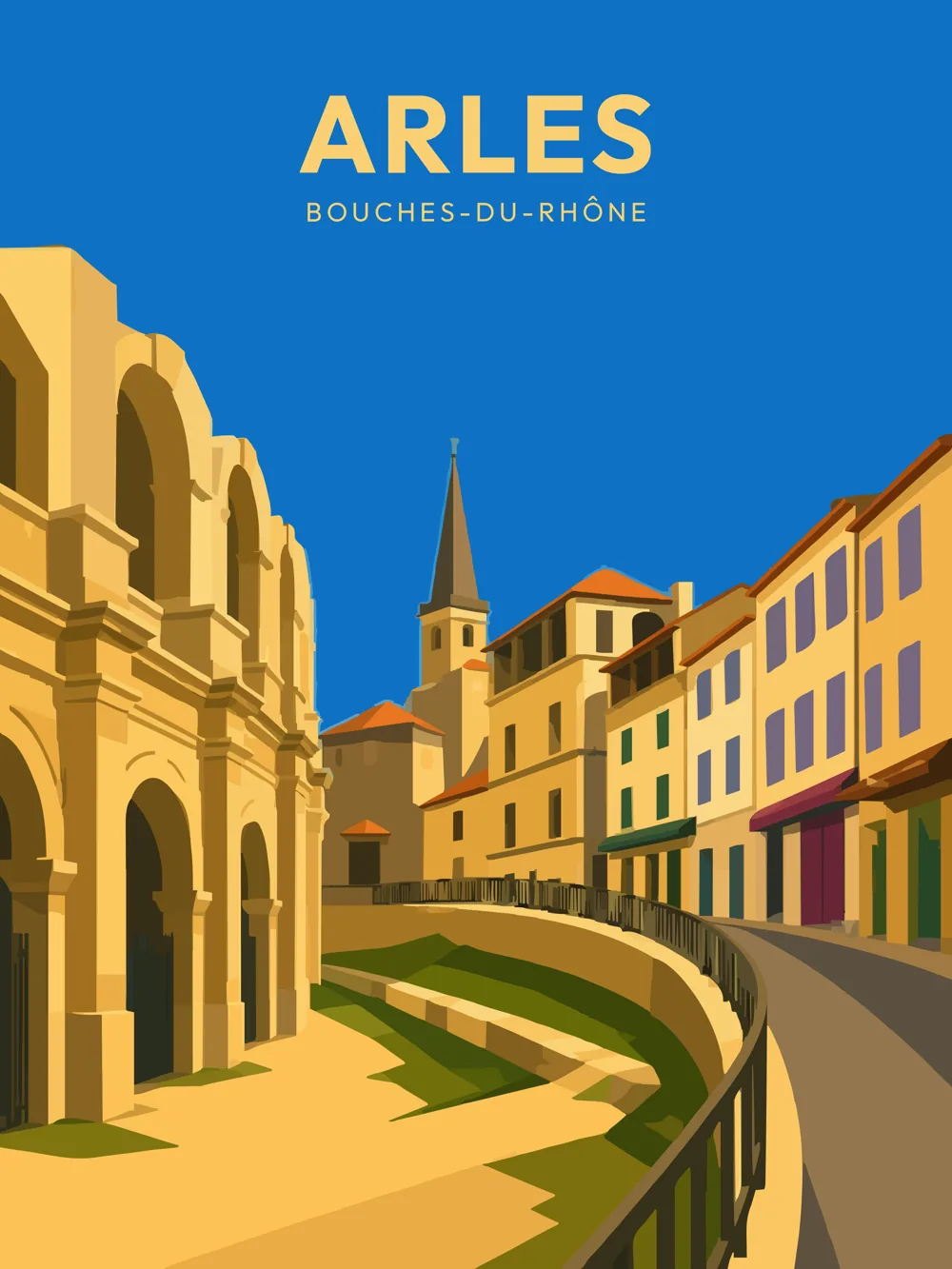 Illustration d'Arles dans les Bouches-du-Rhône réalisée dans un style d'affiche touristique vintage. L'image met en valeur les Arènes romaines, monument emblématique de la ville, bordées par une rue du centre historique aux façades colorées, avec le clocher en arrière-plan et l'atmosphère chaleureuse caractéristique de la Provence.