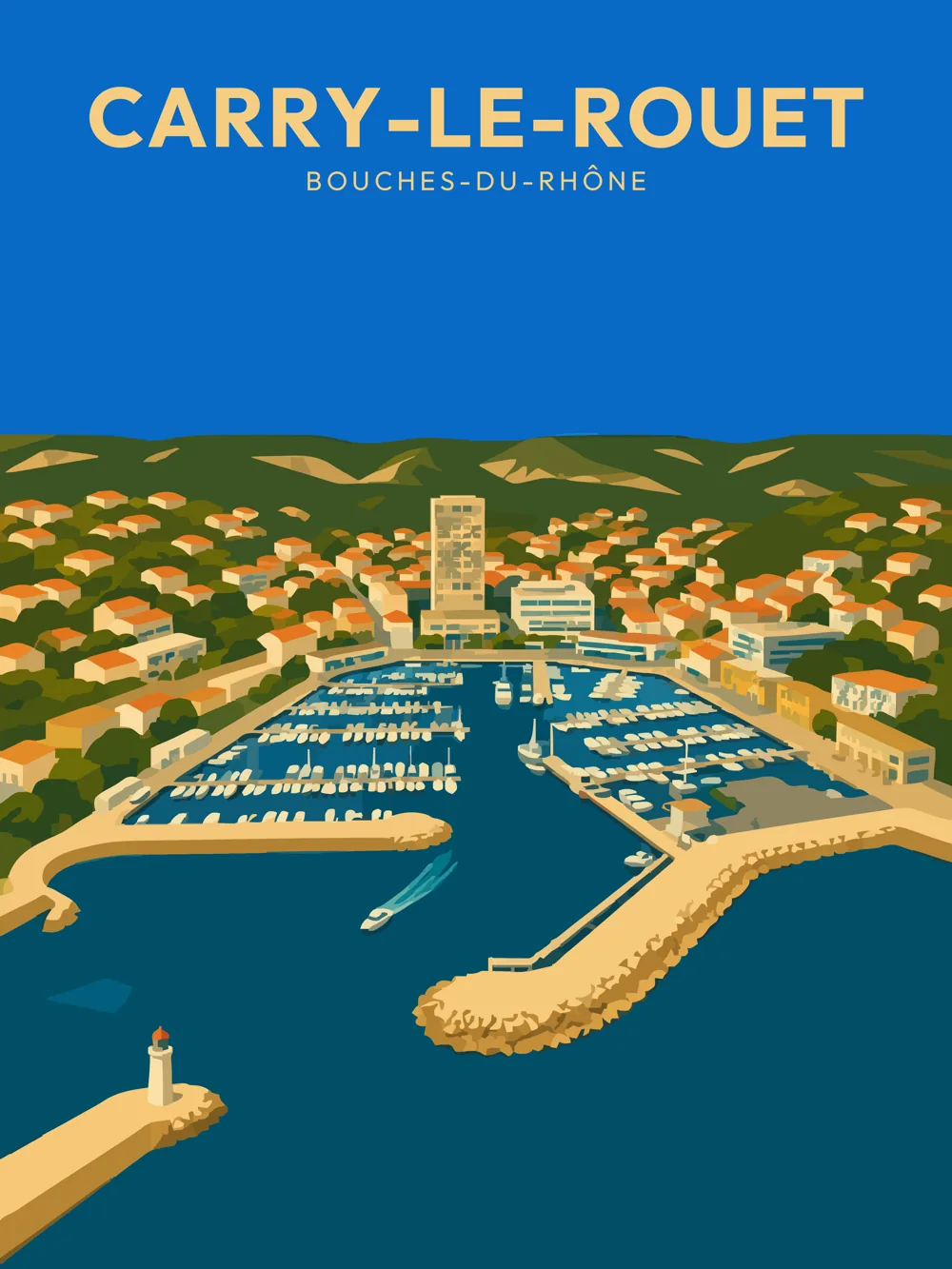 Illustration de Carry-le-Rouet, dans le département des Bouches-du-Rhône, réalisée dans un style d'affiche touristique vintage. La composition présente une vue aérienne du port, où se mêlent des bateaux amarrés et des maisons colorées surplombant la mer. Les collines verdoyantes en arrière-plan ajoutent à la beauté du paysage, tandis que le ciel bleu éclatant illumine l'ensemble. Carry-le-Rouet est remarquable pour son ambiance méditerranéenne et son patrimoine maritime. Le port, au cœur de la commune, témoigne de son attrait pour les visiteurs.