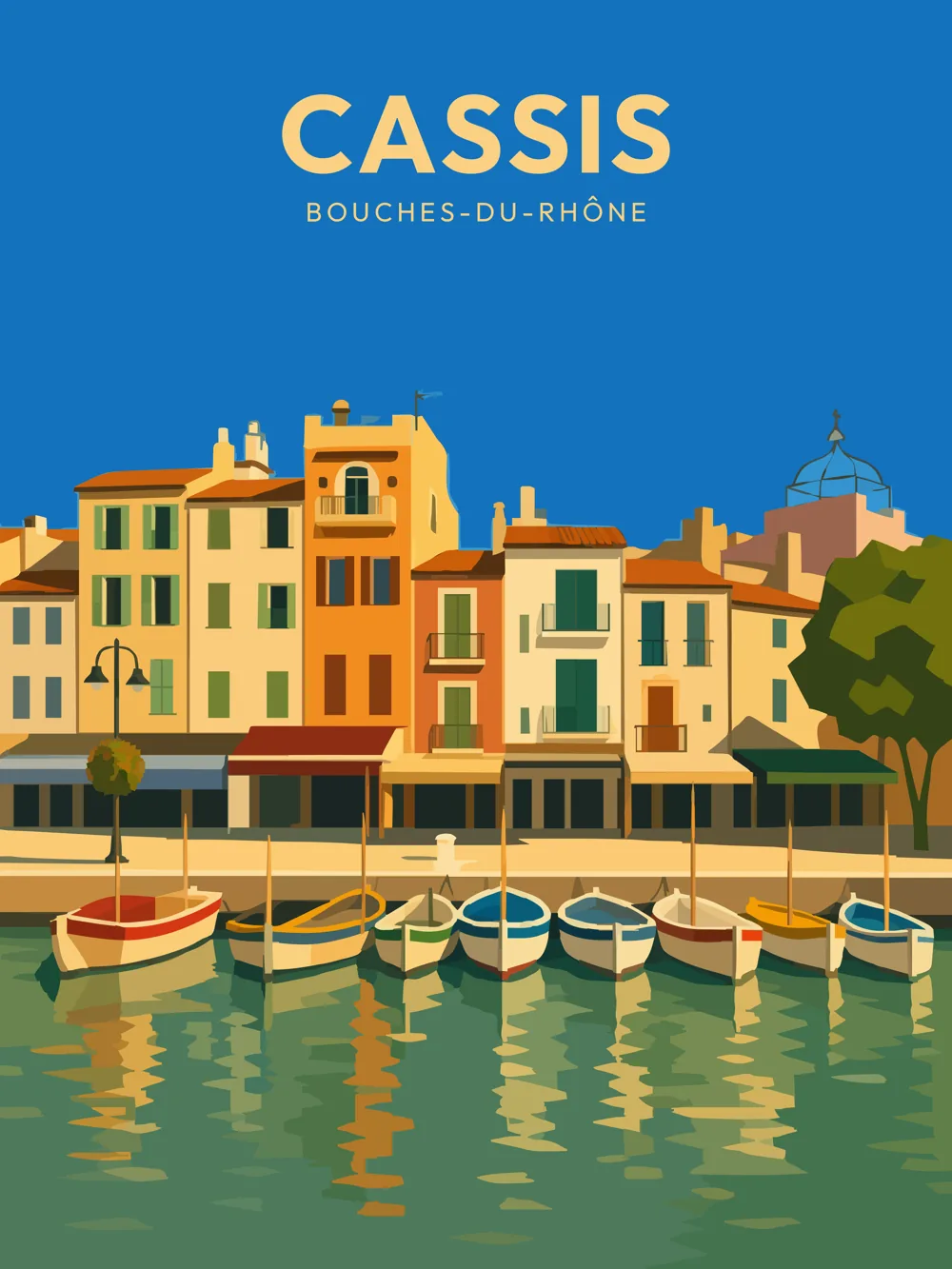 Illustration de Cassis, dans le département de Bouches-du-Rhône, réalisée dans un style d'affiche touristique vintage. L'image montre le port de Cassis avec des bateaux colorés amarrés, devant des bâtiments aux façades aux teintes chaudes, sous un ciel bleu. La composition évoque la lumière méditerranéenne et utilise des formes géométriques simplifiées, typiques du style rétro. Cassis est célèbre pour sa beauté naturelle et son ambiance conviviale, faisant de la commune un lieu prisé pour le tourisme et la découverte du patrimoine local.