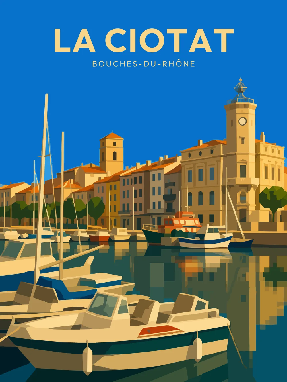Illustration de La Ciotat, dans le département de Bouches-du-Rhône, réalisée dans un style d'affiche touristique vintage. L'image présente une vue du port animé, avec des bateaux amarrés au premier plan et des façades colorées de bâtiments en arrière-plan. La lumière éclatante met en valeur les teintes chaudes des bâtiments, tandis que la végétation environnante ajoute une touche de verdure. La composition est caractérisée par des formes géométriques simplifiées et des aplats de couleurs, typiques du style rétro. La Ciotat est remarquable pour son riche patrimoine maritime et son ambiance méditerranéenne, faisant de cette commune un lieu prisé des visiteurs.