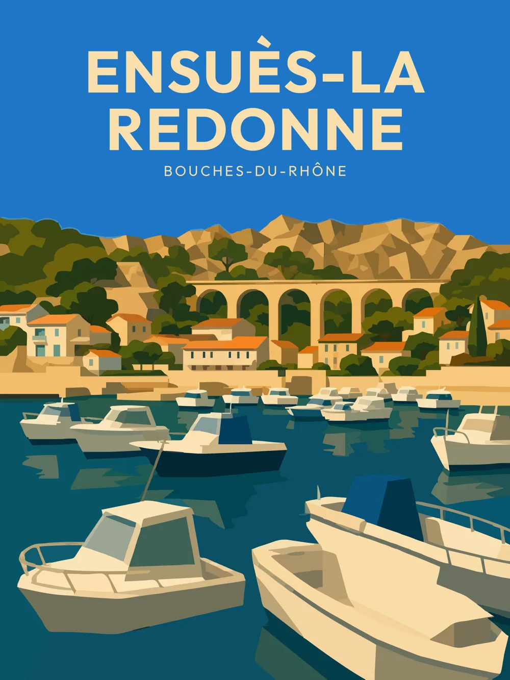 Illustration d'Ensuès-la-Redonne, dans le département de Bouches-du-Rhône, réalisée dans un style d'affiche touristique vintage. On y voit un port animé avec de nombreux bateaux de pêche amarrés, le tout sur fond de collines verdoyantes et d'un ciel bleu éclatant. Les formes géométriques et les aplats de couleurs évoquent un style rétro. Ensuès-la-Redonne est remarquable pour ses paysages côtiers et sa proximité avec la nature, offrant un cadre idéal pour les activités de plein air et le tourisme.