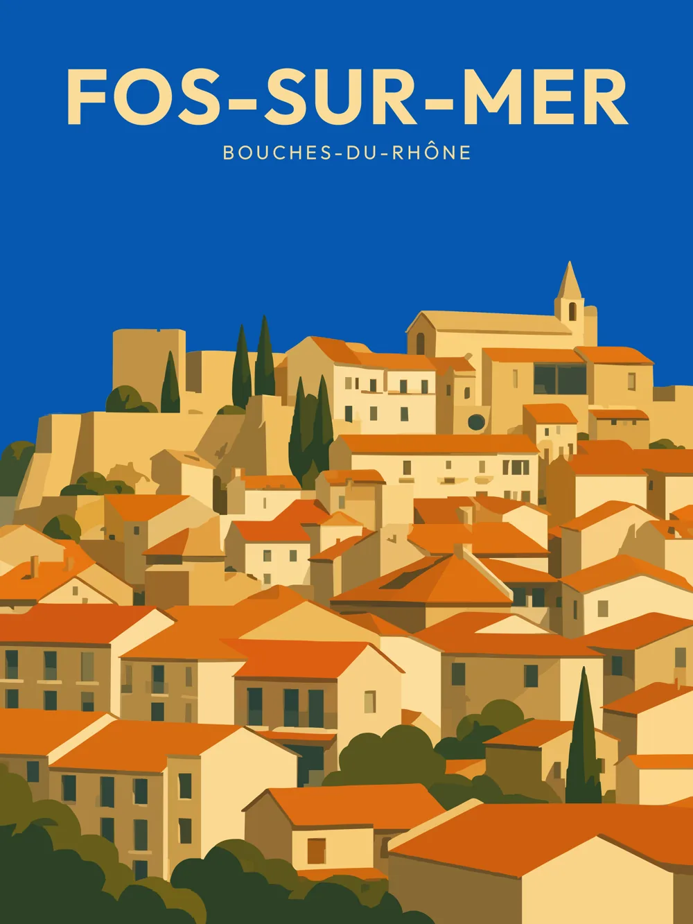 Illustration de Fos-sur-Mer dans les Bouches-du-Rhône réalisée dans un style d'affiche touristique vintage. L'image met en valeur le vieux village dominé par le château de l'Hauture et l'église Saint-Sauveur, entourés des maisons aux toits de tuiles typiques de Provence. Une composition qui célèbre le patrimoine historique de cette commune méditerranéenne.
