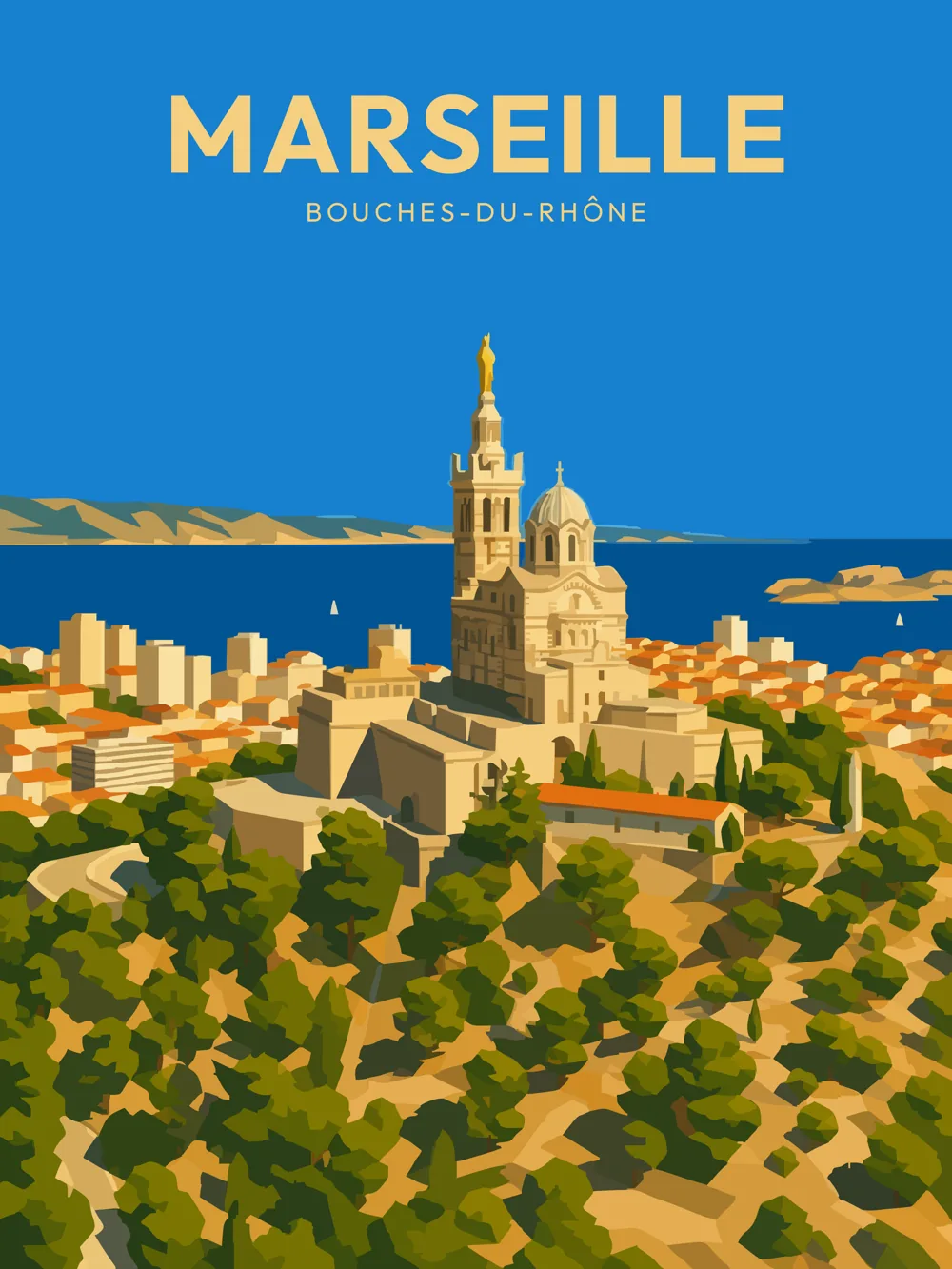 Illustration de Marseille, dans le département des Bouches-du-Rhône, réalisée dans un style d'affiche touristique vintage. La composition met en valeur la Basilique Notre-Dame de la Garde, qui domine la ville et offre une vue panoramique sur la mer Méditerranée. On aperçoit également des maisons aux teintes claires, entourées de végétation luxuriante et de collines verdoyantes. Le ciel d'un bleu éclatant apporte une lumière vive à l'ensemble, tandis que le style graphique évoque les affiches des années 1950. Marseille est célèbre pour son patrimoine maritime et culturel unique, attirant des visiteurs du monde entier. La richesse de son histoire et de son architecture en fait une destination incontournable.