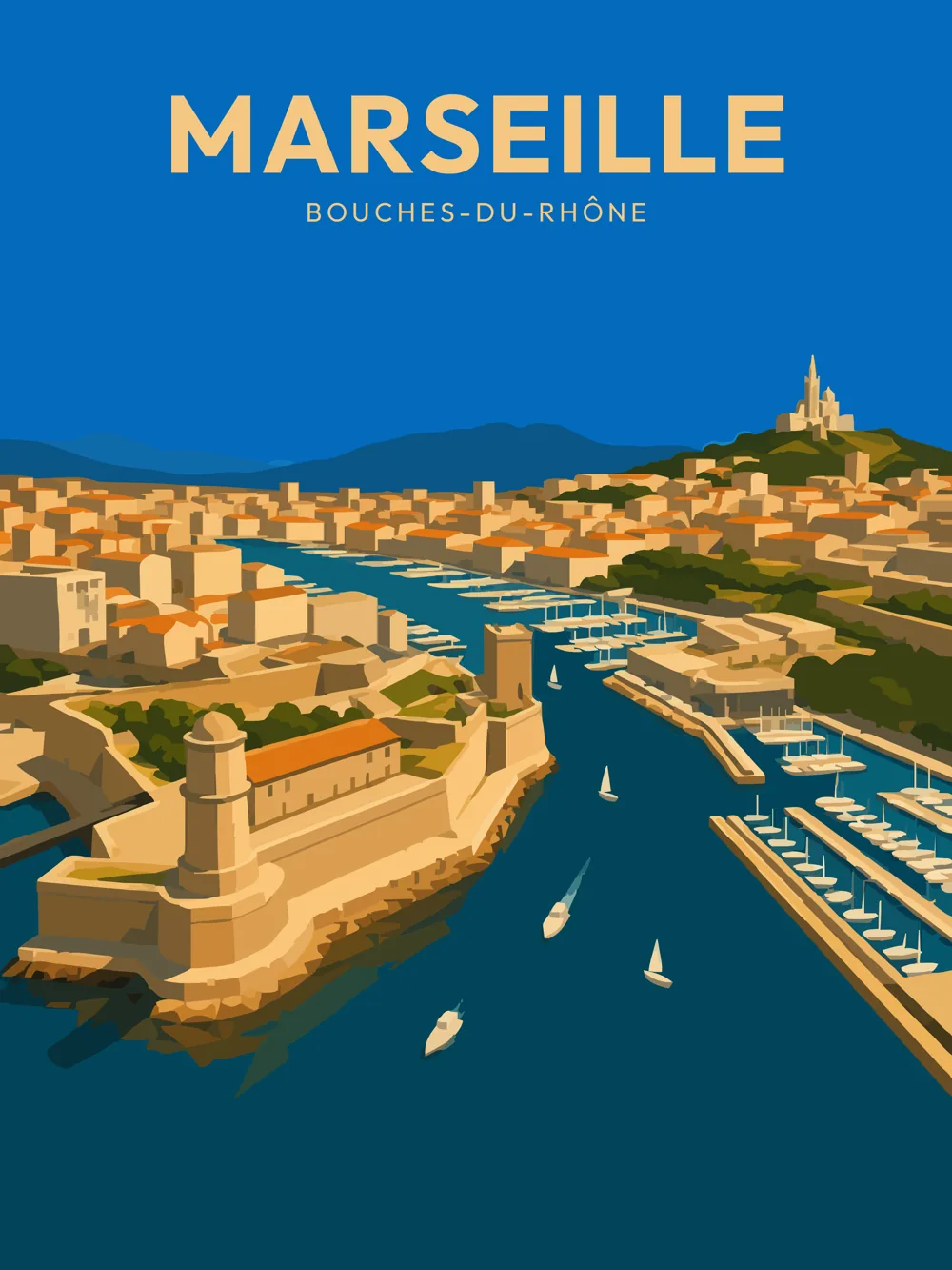 Illustration de Marseille, dans le département de Bouches-du-Rhône, réalisée dans un style d'affiche touristique vintage. L'image présente une vue plongeante sur le port de Marseille, avec des bateaux naviguant sur l'eau, des bâtiments aux couleurs chaudes qui bordent le rivage, et la colline de Notre-Dame de la Garde en arrière-plan. Le ciel est d'un bleu profond, créant un contraste avec les teintes dorées des bâtiments. Marseille est réputée pour son riche patrimoine maritime et culturel, et cette illustration met en valeur la beauté de son littoral et de son histoire.