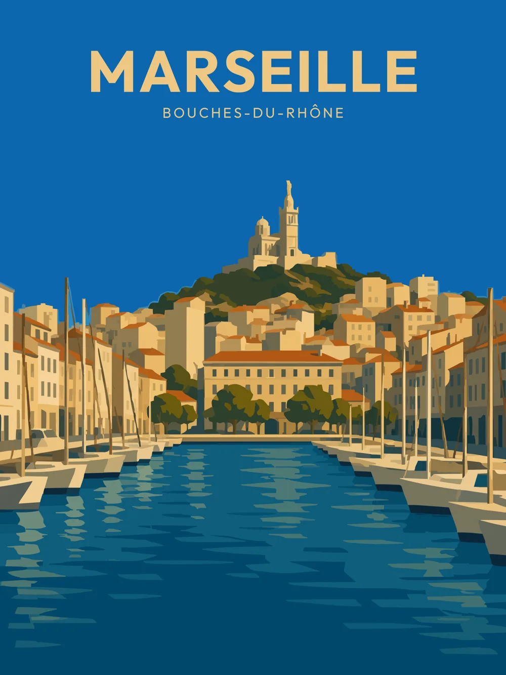 Illustration de Marseille, dans le département de Bouches-du-Rhône, réalisée dans un style d'affiche touristique vintage. Cette image montre le port de Marseille avec des bateaux amarrés, des bâtiments en pierre aux teintes chaudes et la Basilique Notre-Dame de la Garde surplombant la ville. Le ciel est d'un bleu vif et l'eau du port reflète la lumière. Le style graphique, avec ses aplats de couleurs et formes géométriques, évoque les affiches des années 1950. Marseille est remarquable pour son riche patrimoine maritime et son ambiance dynamique, offrant une expérience unique entre mer et collines.