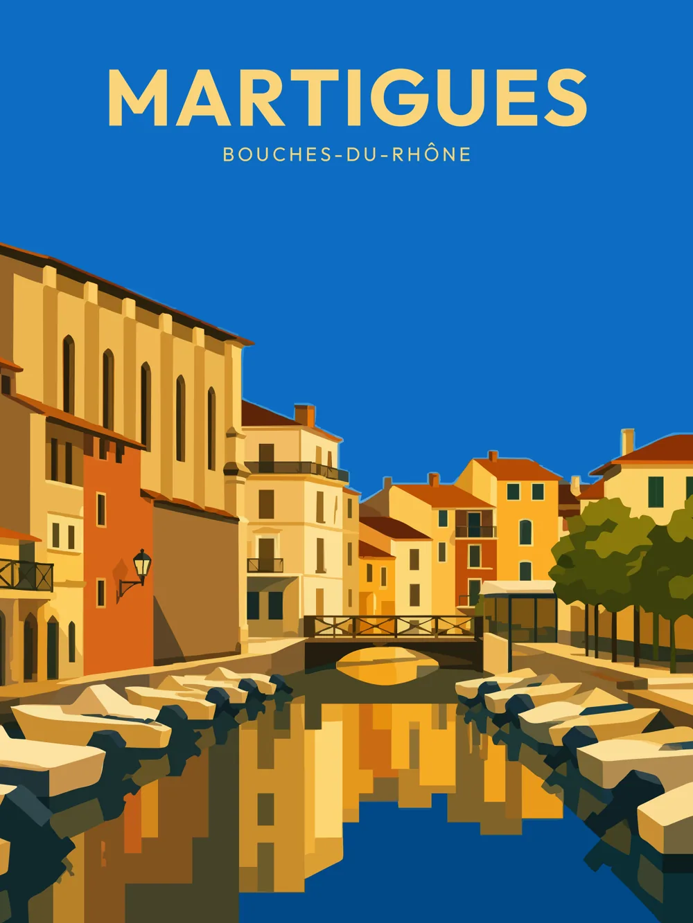 Illustration de Martigues dans les Bouches-du-Rhône réalisée dans un style d'affiche touristique vintage. La composition met en scène un canal emblématique de la ville, traversé par un petit pont et bordé de façades provençales aux teintes chaleureuses. Les reflets des bâtiments dans l'eau évoquent l'atmosphère paisible qui fait la renommée de Martigues, surnommée la Venise provençale.