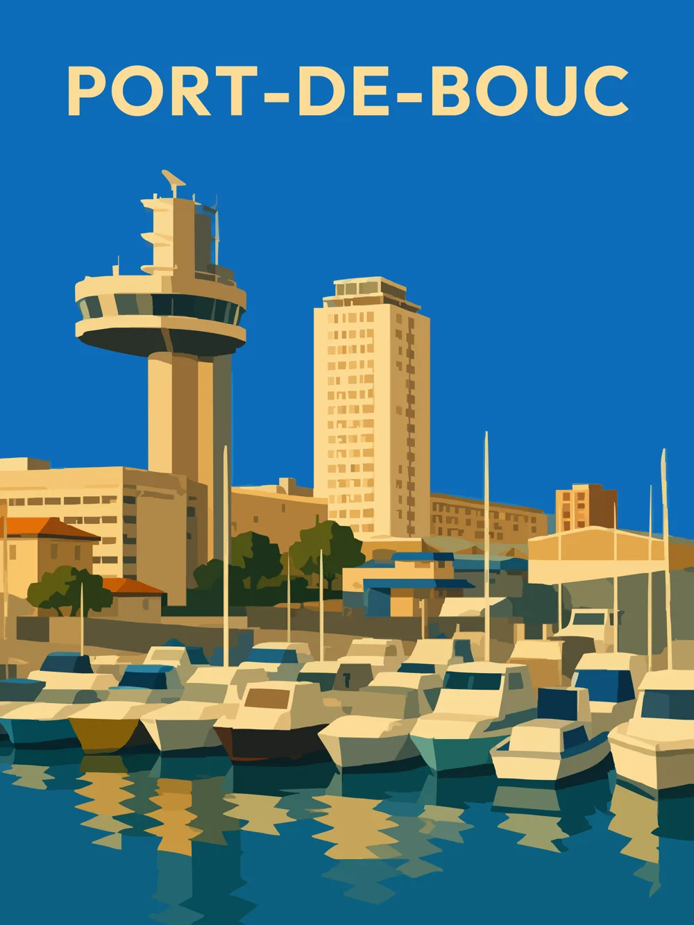 Illustration de Port-de-Bouc dans les Bouches-du-Rhône réalisée dans un style d'affiche touristique vintage. L'image met en valeur le port de plaisance, les bateaux amarrés, la tour de contrôle emblématique et le front de mer, illustrant le patrimoine maritime et l'identité portuaire de cette ville de la côte méditerranéenne.