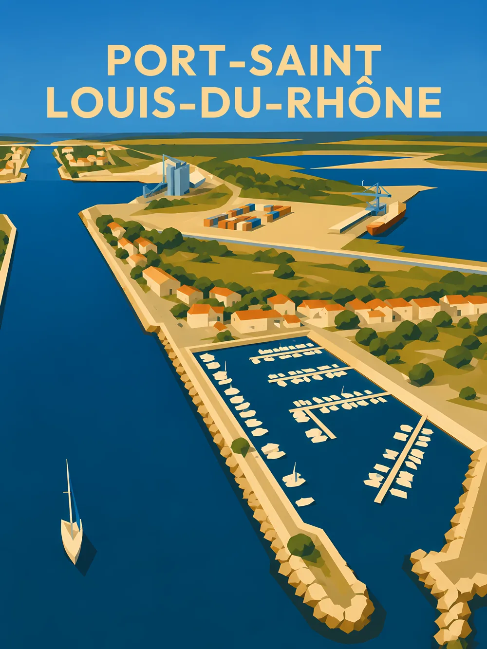 Illustration de Port-Saint-Louis-du-Rhône dans les Bouches-du-Rhône réalisée dans un style d'affiche touristique vintage. L'image représente le port de plaisance, les quais, les canaux et les installations portuaires, entourés des paysages naturels de la Camargue et de l'embouchure du Rhône, emblématiques de cette destination méditerranéenne.