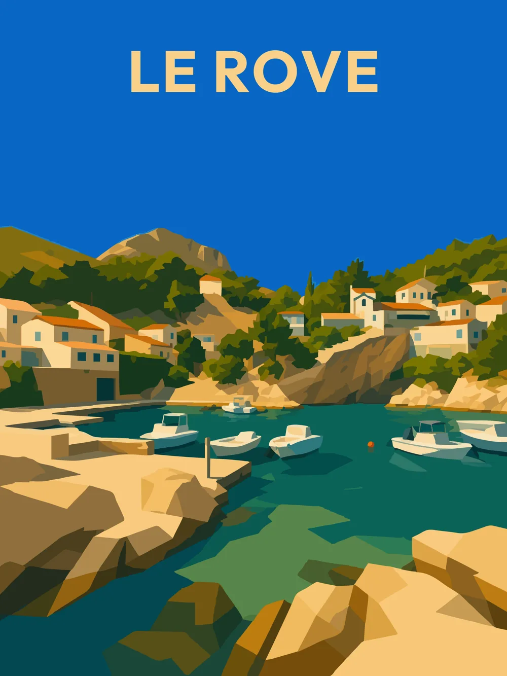 Illustration de Le Rove, dans le département de Bouches-du-Rhône, réalisée dans un style d'affiche touristique vintage. On y voit le port avec plusieurs bateaux amarrés, entouré de maisons blanches sur la colline. Le paysage est dominé par des formes géométriques et des aplats de couleurs. La lumière éclatante et les teintes méditerranéennes créent une ambiance chaleureuse. Le Rove est remarquable pour ses paysages côtiers et son patrimoine maritime. Le patrimoine local est valorisé par cette représentation artistique.