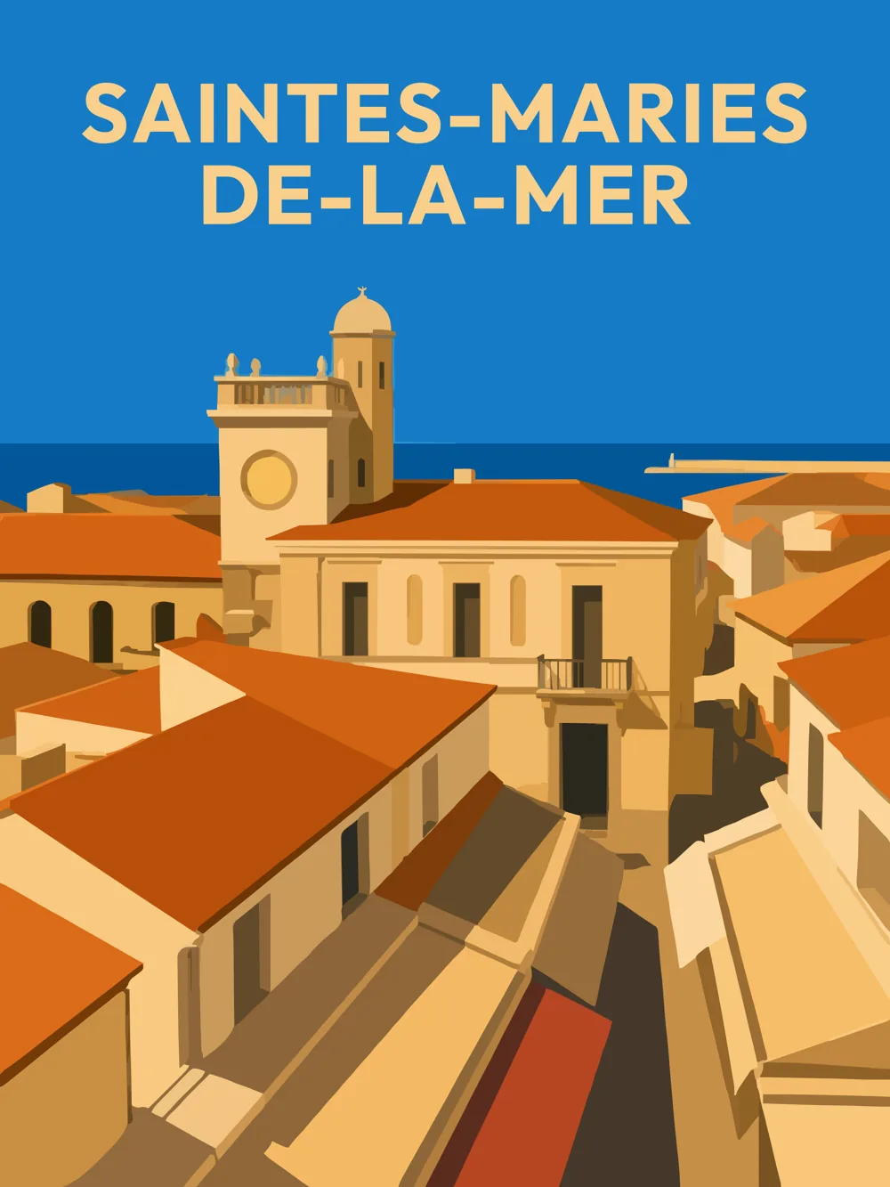 Illustration des Saintes-Maries-de-la-Mer dans les Bouches-du-Rhône réalisée dans un style d'affiche touristique vintage. L'image représente les ruelles du centre historique, les maisons aux toits de tuiles, le clocher emblématique du village et la Méditerranée en arrière-plan, offrant une vue typique de cette destination emblématique de la Camargue.