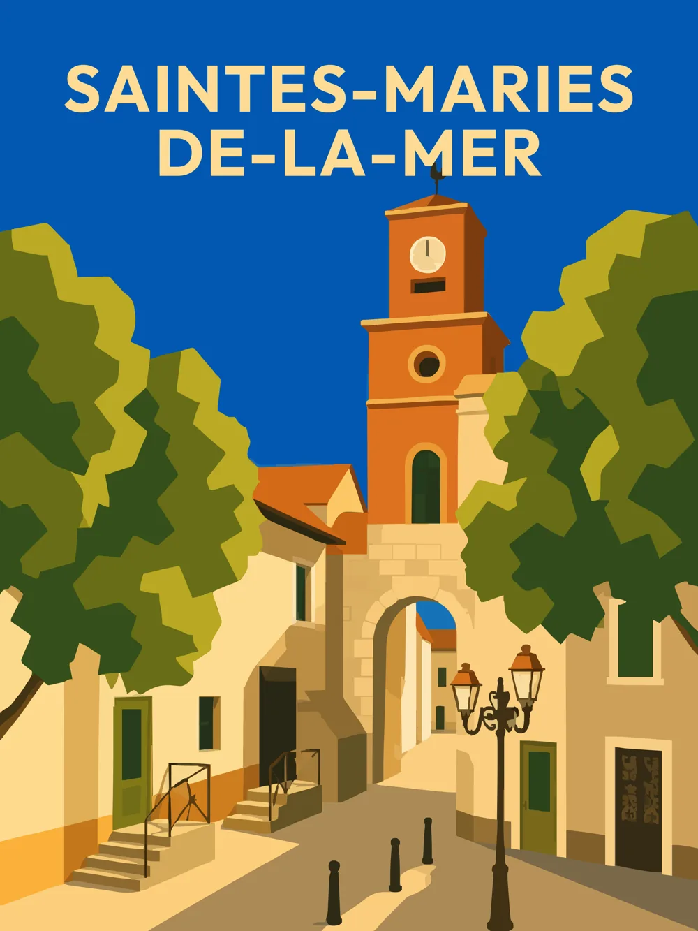 Illustration des Saintes-Maries-de-la-Mer dans les Bouches-du-Rhône réalisée dans un style d'affiche touristique vintage. L'image représente une rue du centre historique bordée de maisons blanches, menant vers le clocher emblématique du village, symbole de cette destination incontournable au cœur de la Camargue.