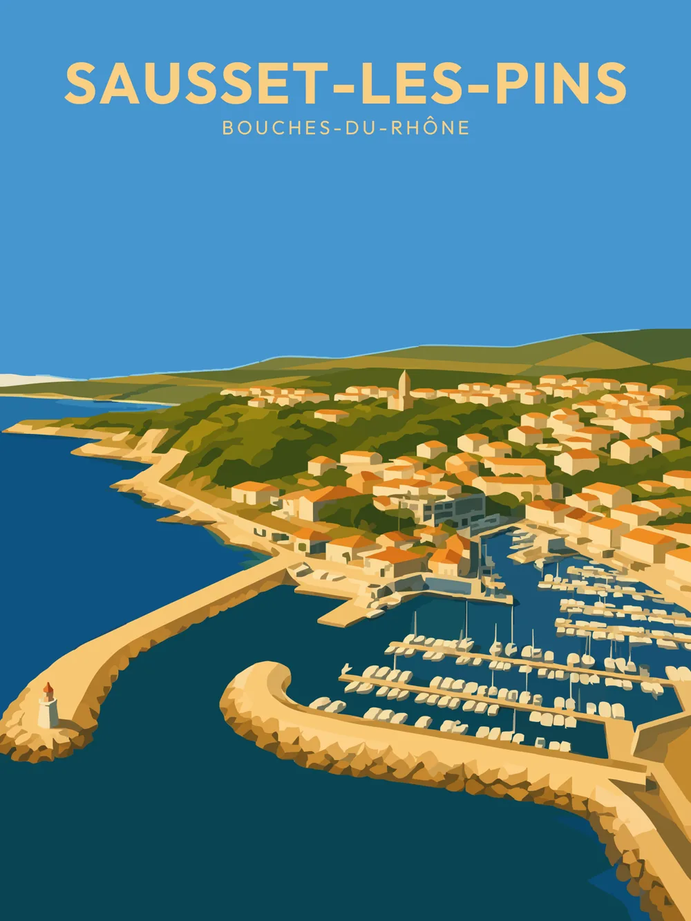 Illustration de Sausset-les-Pins, dans le département des Bouches-du-Rhône, réalisée dans un style d'affiche touristique vintage. On y voit un panorama du port avec des bateaux amarrés, des maisons colorées surplombant la mer, et un phare au premier plan. La lumière méditerranéenne illumine la scène, avec des aplats de couleurs chaudes et une composition épurée. Sausset-les-Pins est remarquable pour son ambiance maritime et ses paysages côtiers, valorisant ainsi le patrimoine local.
