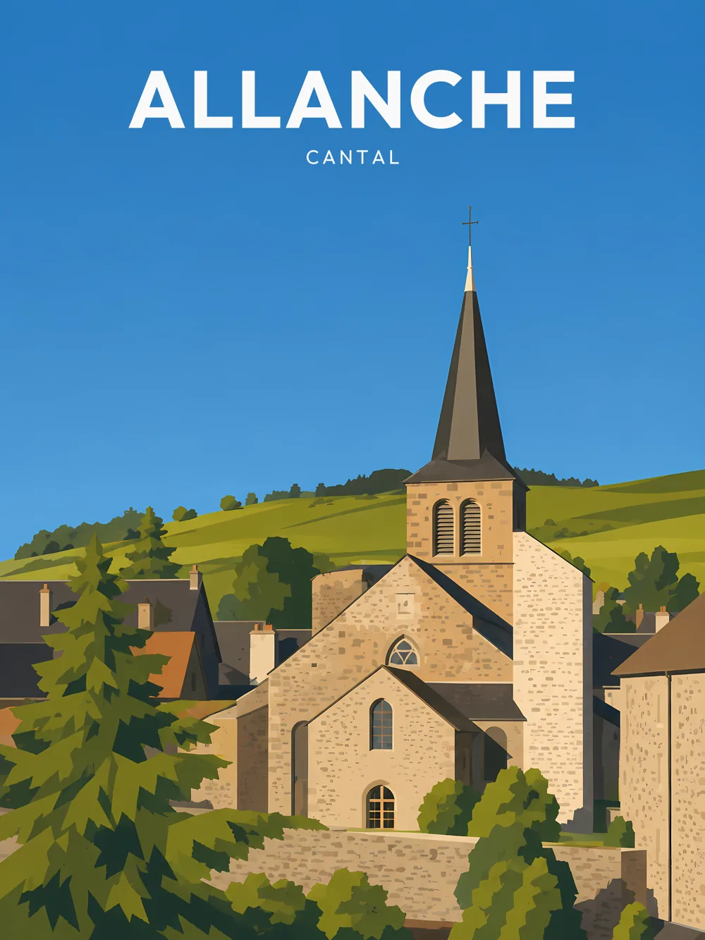 Illustration d'Allanche, dans le département du Cantal, réalisée dans un style d'affiche touristique vintage. Cette composition met en avant l'église avec son clocher pointu, entourée de maisons en pierre typiques et de végétation luxuriante. Le paysage vallonné en arrière-plan, sous un ciel bleu, reflète l'ambiance paisible et naturelle de la région. Allanche est réputée pour son patrimoine architectural et ses paysages enchanteurs. Ce lieu est un véritable reflet de l'identité auvergnate.