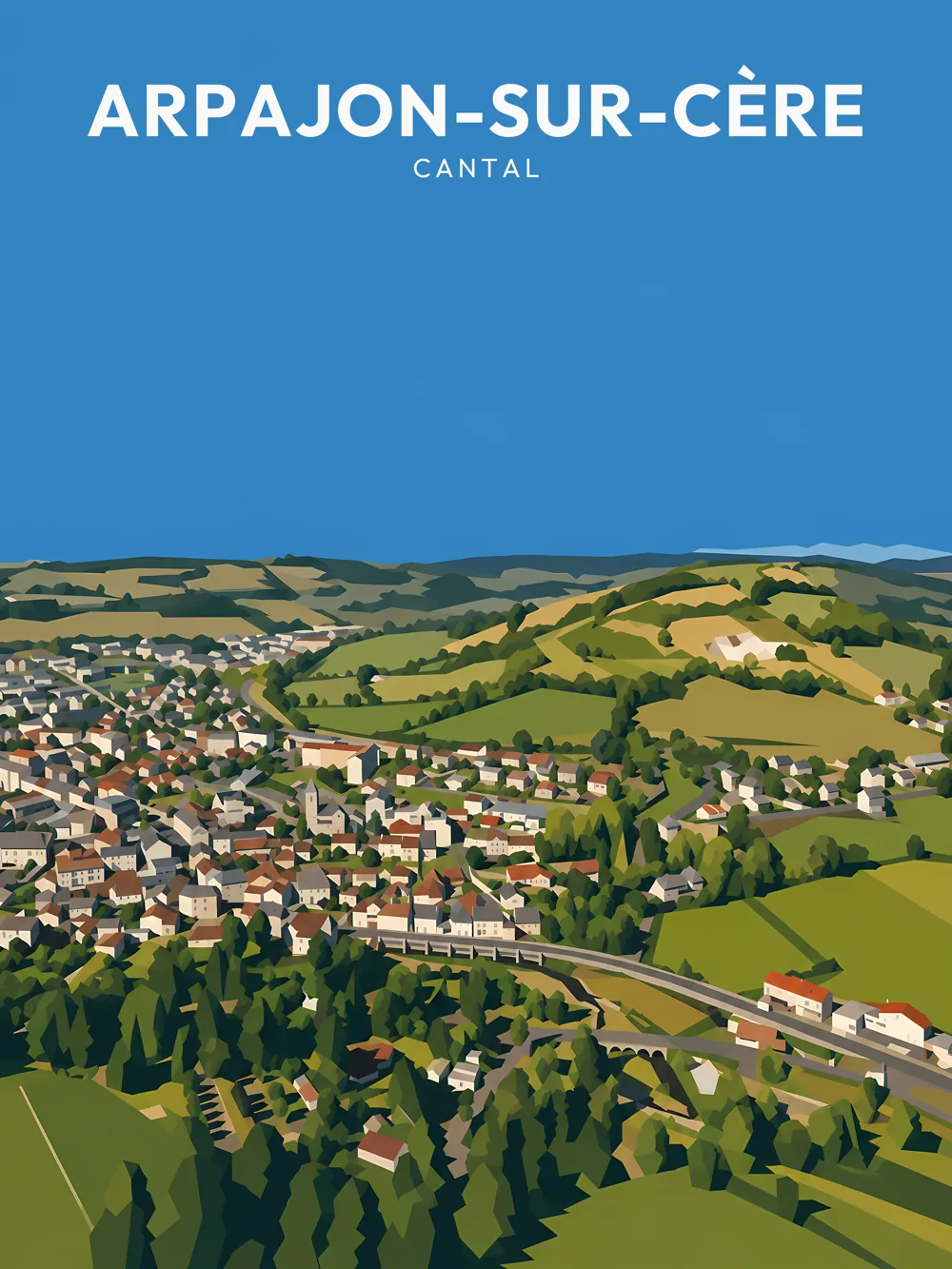 Illustration d'Arpajon-sur-Cère, dans le département du Cantal, réalisée dans un style d'affiche touristique vintage. La composition présente une vue aérienne de la commune, avec des maisons serrées et des collines verdoyantes en arrière-plan. Les formes géométriques simplifiées et les aplats de couleurs dominent, créant une ambiance rétro. Arpajon-sur-Cère est remarquable pour ses paysages naturels et son atmosphère paisible, valorisant ainsi le patrimoine local.