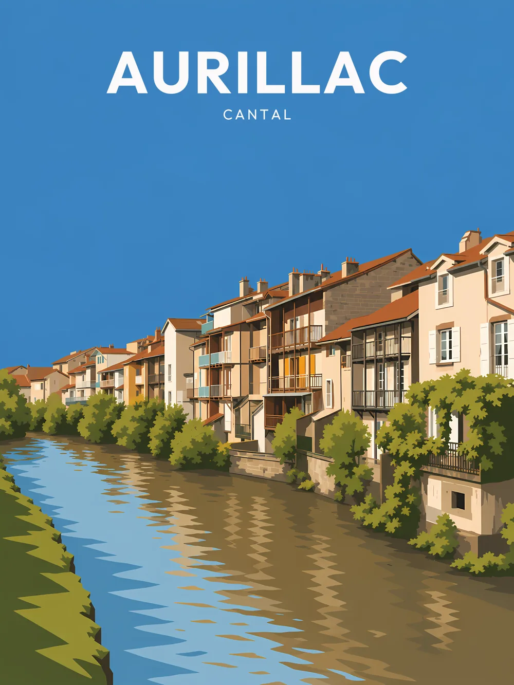 Illustration d'Aurillac, dans le département du Cantal, réalisée dans un style d'affiche touristique vintage. La composition présente des maisons colorées qui longent une rivière, entourées de verdure. Le ciel est d'un bleu éclatant, apportant une lumière chaleureuse à l'ensemble. Aurillac est remarquable pour son patrimoine architectural et naturel, offrant une atmosphère paisible. Le patrimoine local est valorisé par cette illustration qui capture l'essence de la ville.