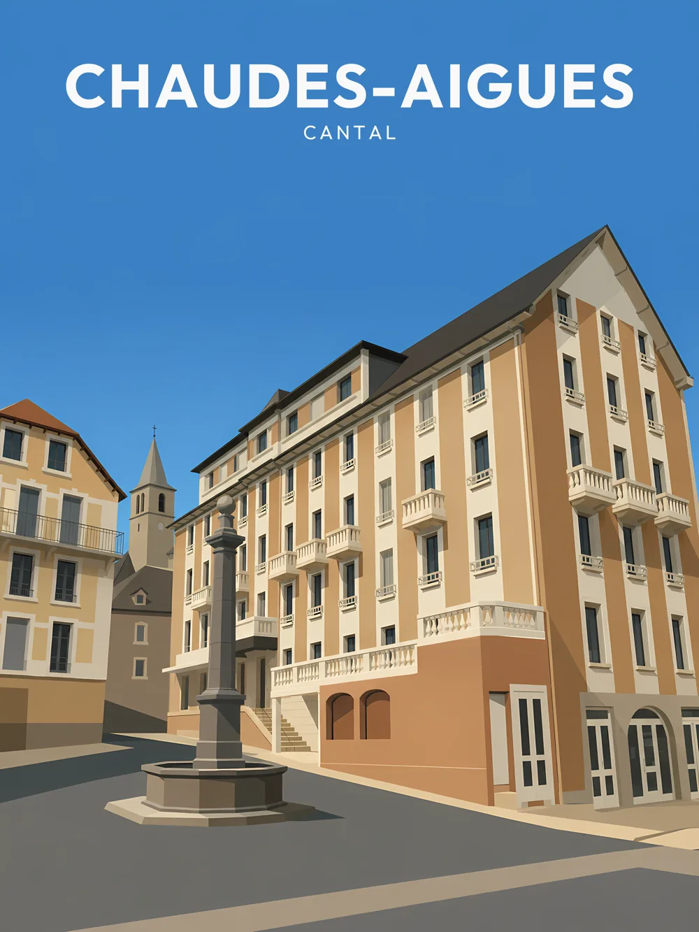 Illustration de Chaudes-Aigues, dans le département du Cantal, réalisée dans un style d'affiche touristique vintage. La composition met en avant une fontaine au premier plan, entourée de bâtiments aux façades soignées, dans une perspective qui montre la beauté architecturale de la commune. Le ciel d'un bleu éclatant apporte une luminosité agréable à l'ensemble. Chaudes-Aigues est célèbre pour ses thermes et son riche patrimoine, ce qui en fait une destination prisée des voyageurs en quête de détente et de découvertes.
