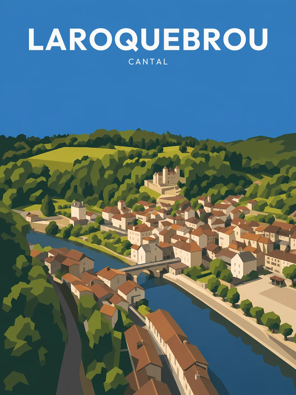 Illustration de Laroquebrou, dans le département du Cantal, réalisée dans un style d'affiche touristique vintage. Cette composition aérienne montre le village de Laroquebrou, avec ses maisons aux toits en tuiles, bordées par un cours d'eau sinueux. En arrière-plan, des collines verdoyantes s'élèvent, tandis qu'un château médiéval se dresse fièrement sur une hauteur. Les couleurs dominantes de la palette évoquent une atmosphère méditerranéenne, avec un ciel bleu éclatant. Laroquebrou est remarquable pour son patrimoine architectural et son cadre naturel. Le village est un véritable reflet de l'authenticité auvergnate.