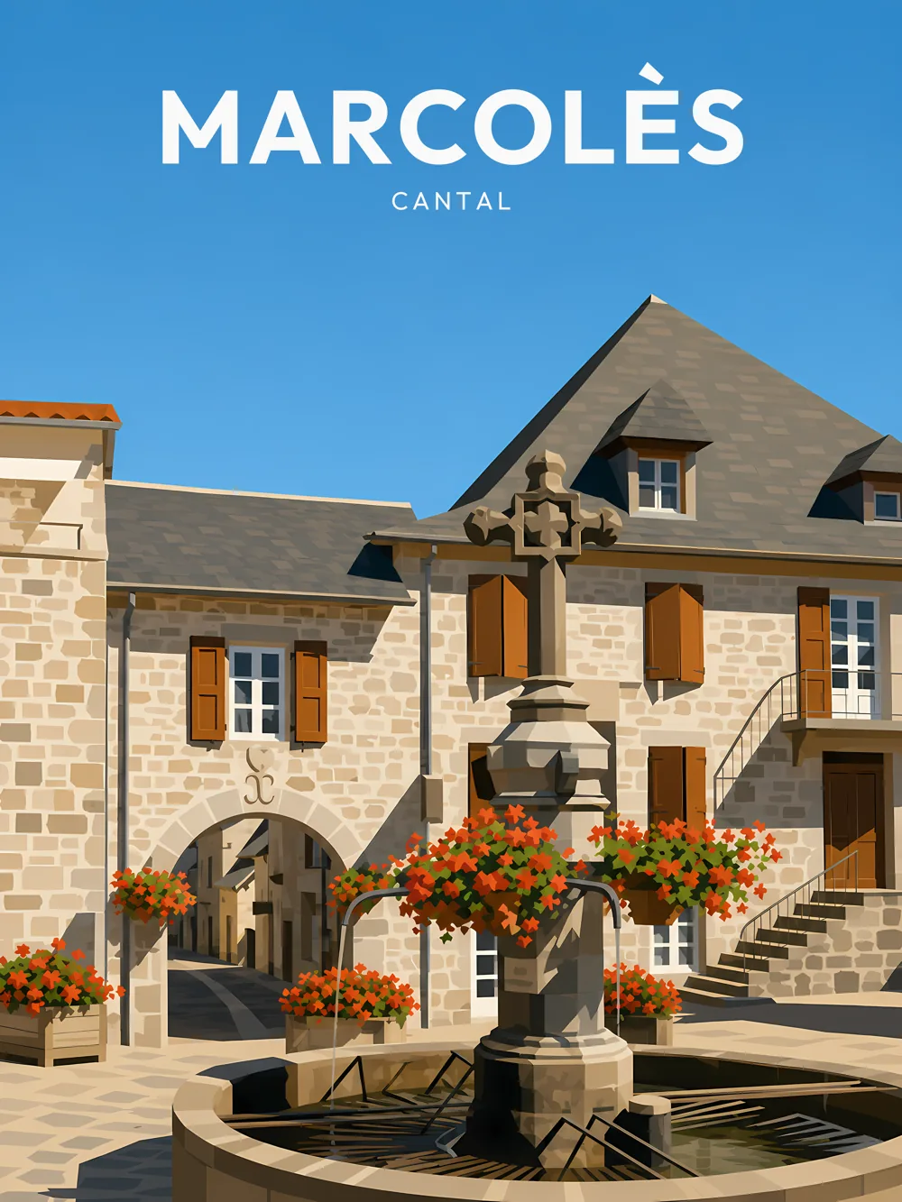 Illustration de Marcolès, dans le département du Cantal, réalisée dans un style d'affiche touristique vintage. La composition met en avant une fontaine ornée de fleurs, entourée de bâtiments en pierre aux volets en bois. Le ciel bleu et lumineux crée une ambiance chaleureuse. Marcolès est remarquable pour son patrimoine médiéval et ses ruelles pittoresques. Le patrimoine local est mis en valeur par cette illustration, qui invite à découvrir cette commune authentique.
