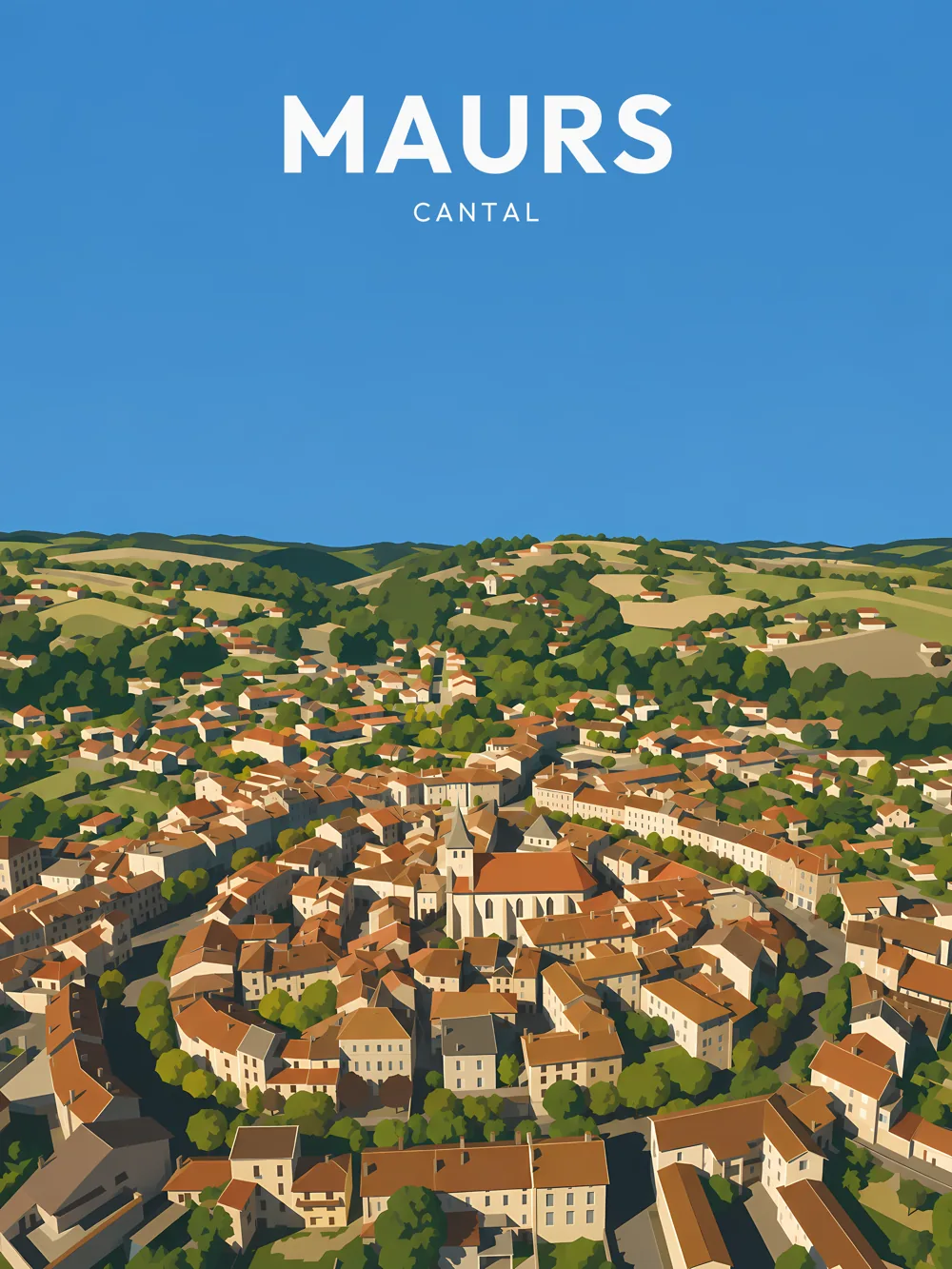 Illustration de Maurs, dans le département du Cantal, réalisée dans un style d'affiche touristique vintage. La composition montre un village circulaire avec des toits de tuiles rouges et des maisons serrées, entourées de collines verdoyantes. Le ciel bleu clair apporte une lumière vive, tandis que le style graphique, avec ses aplats de couleurs et ses formes géométriques, évoque une esthétique rétro. Maurs est remarquable pour son architecture unique et son ambiance conviviale, offrant un patrimoine local riche à explorer.