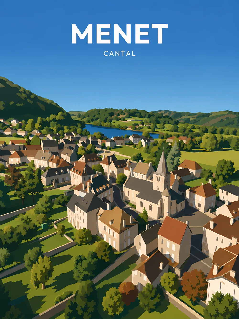 Illustration de Menet, dans le département de Cantal, réalisée dans un style d'affiche touristique vintage. Cette composition présente une vue aérienne du village, avec des maisons aux toits de tuiles et un clocher d'église. Les collines verdoyantes et un plan d'eau complètent le tableau, créant une atmosphère paisible. Menet est remarquable pour son patrimoine naturel et architectural, offrant une expérience authentique aux visiteurs. Le village est un véritable reflet de la beauté du Cantal.