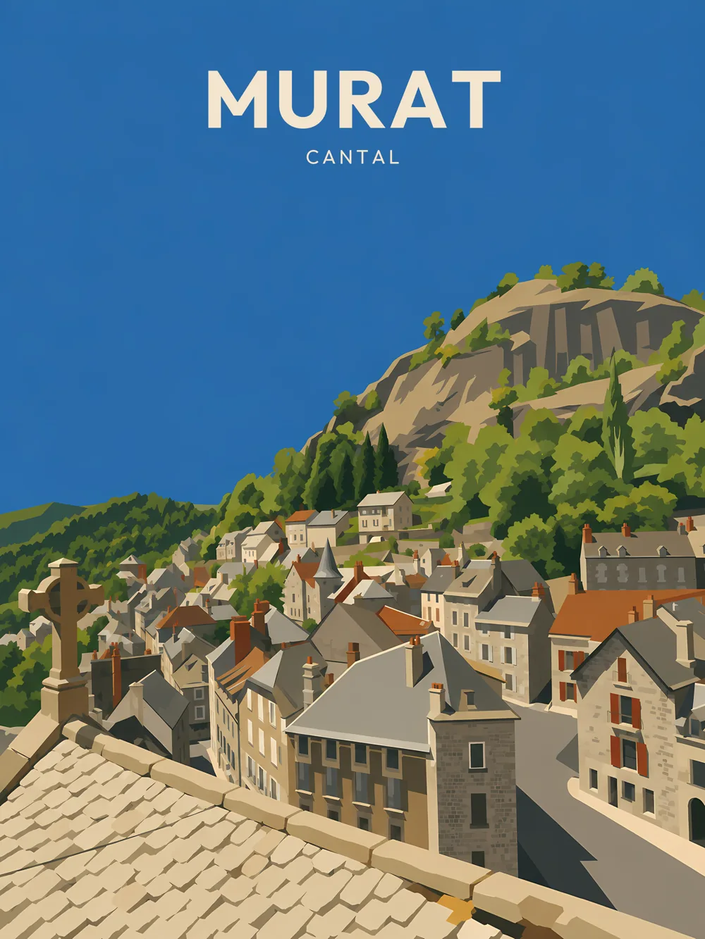 Illustration de Murat, dans le département du Cantal, réalisée dans un style d'affiche touristique vintage. L'image présente un panorama de la commune, avec des maisons typiques aux toits en ardoise et en tuiles, entourées par une nature verdoyante et des reliefs. Le ciel bleu éclatant et la lumière douce créent une ambiance chaleureuse. Murat est remarquable pour son patrimoine architectural et son cadre naturel. Le village incarne l'authenticité des villages auvergnats, valorisant ainsi son patrimoine local.