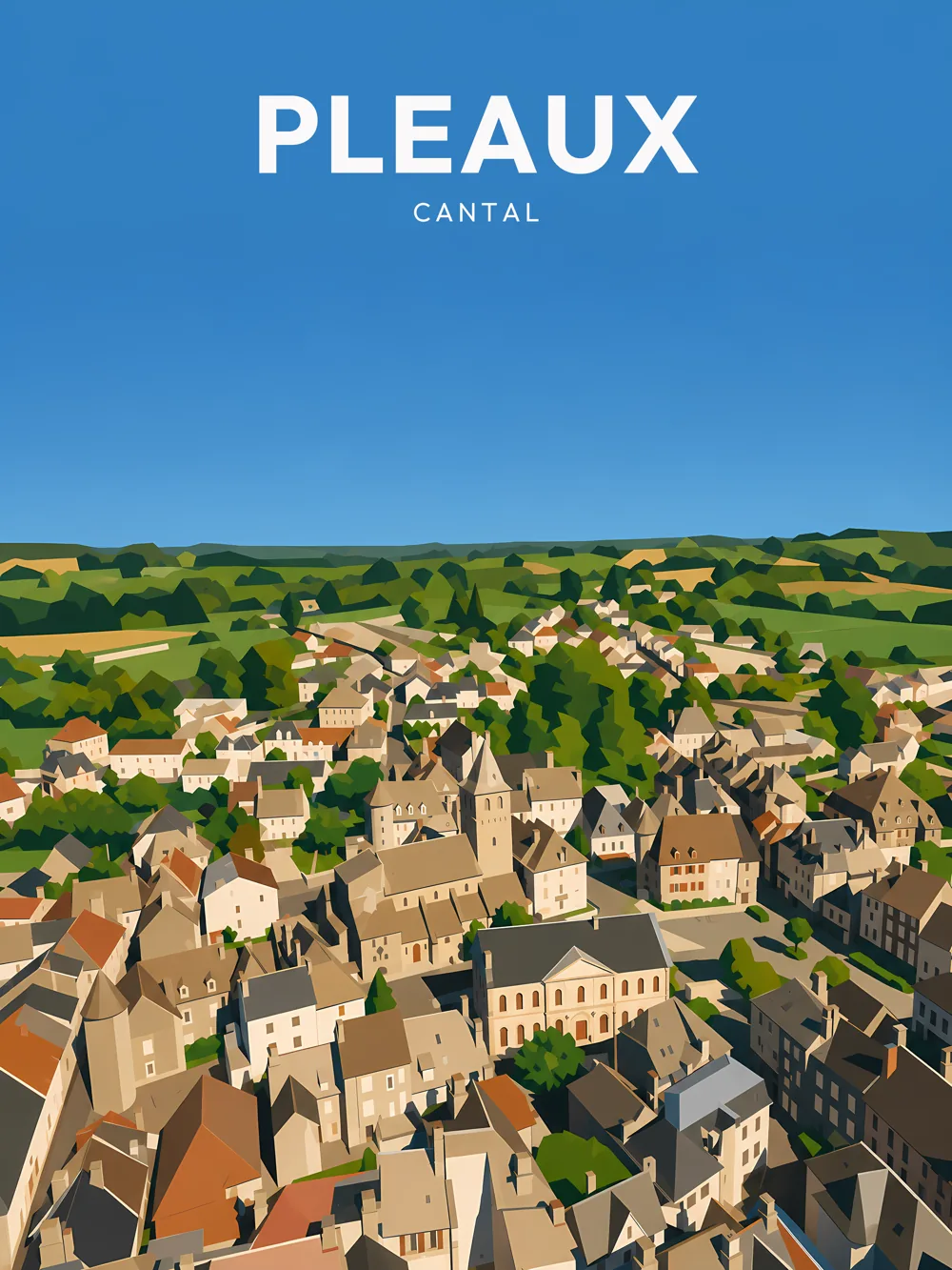 Illustration de Pleaux, dans le département de Cantal, réalisée dans un style d'affiche touristique vintage. La composition offre une vue aérienne sur les toits des maisons en pierre, entourés de verdure, avec des formes géométriques simplifiées et des aplats de couleurs. La lumière éclatante souligne les détails architecturaux et la diversité des bâtiments. Pleaux est remarquable pour son patrimoine médiéval et son ambiance chaleureuse, faisant de cette commune un lieu prisé des visiteurs.