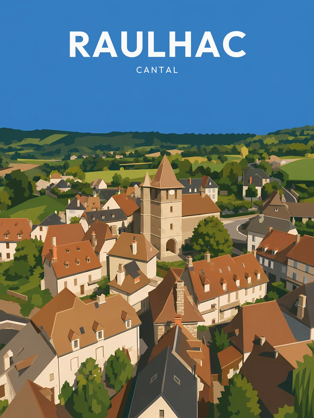 Illustration de Raulhac, dans le département de Cantal, réalisée dans un style d'affiche touristique vintage. Cette composition aérienne met en avant le village avec ses maisons aux toits rouges, son clocher et la verdure environnante. Les aplats de couleurs et les formes géométriques simplifiées créent une ambiance rétro et chaleureuse. Raulhac est remarquable pour son patrimoine architectural et son cadre naturel apaisant, offrant une immersion dans l'authenticité de l'Auvergne.