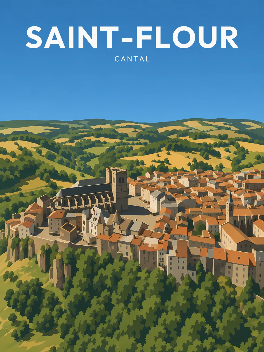 Illustration de Saint-Flour, dans le département du Cantal, réalisée dans un style d'affiche touristique vintage. On y voit la ville perchée sur un promontoire avec ses maisons aux toits en tuiles, dominée par une cathédrale majestueuse, le tout entouré de collines verdoyantes. Les couleurs chaudes et les formes simplifiées rappellent l'esthétique rétro. Saint-Flour est remarquable pour son patrimoine médiéval et ses paysages pittoresques, témoignant de l'histoire et de la beauté de la région.