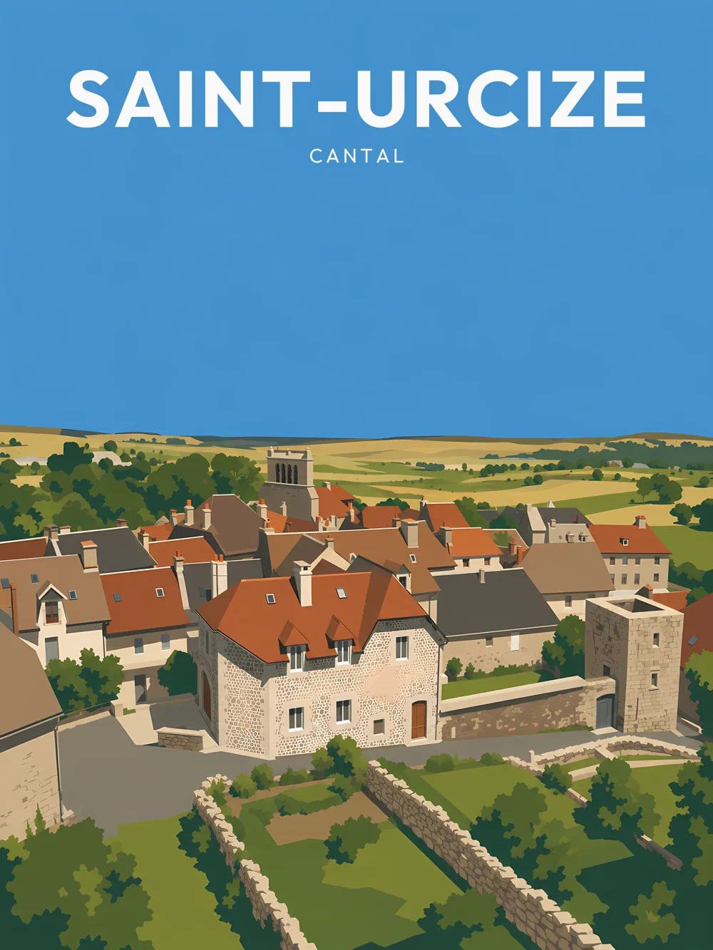 Illustration de Saint-Urcize, dans le département du Cantal, réalisée dans un style d'affiche touristique vintage. La composition présente une vue aérienne du village, mettant en avant ses toits aux couleurs chaudes et son architecture en pierre. Le paysage environnant est verdoyant, avec des champs et des collines en arrière-plan. Le ciel est d'un bleu éclatant, créant une atmosphère lumineuse et accueillante. Saint-Urcize est remarquable pour son patrimoine architectural et son ambiance sereine, offrant un cadre idéal pour les visiteurs en quête de tranquillité.
