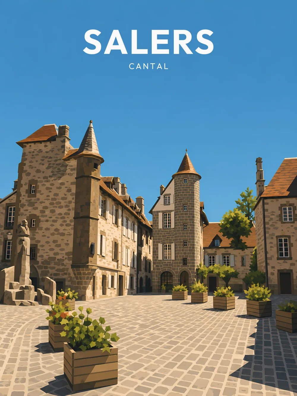 Illustration de Salers, dans le département du Cantal, réalisée dans un style d'affiche touristique vintage. La composition présente une vue d'ensemble de la place centrale de Salers, entourée de bâtiments historiques en pierre aux toits d'ardoise. On peut y apercevoir une fontaine et des bacs de fleurs qui ajoutent une touche de verdure à l'architecture médiévale. Les couleurs chaudes et le ciel bleu clair apportent une luminosité agréable à l'image. Salers est remarquable pour son patrimoine médiéval et son ambiance unique. La commune valorise un riche héritage culturel et architectural.