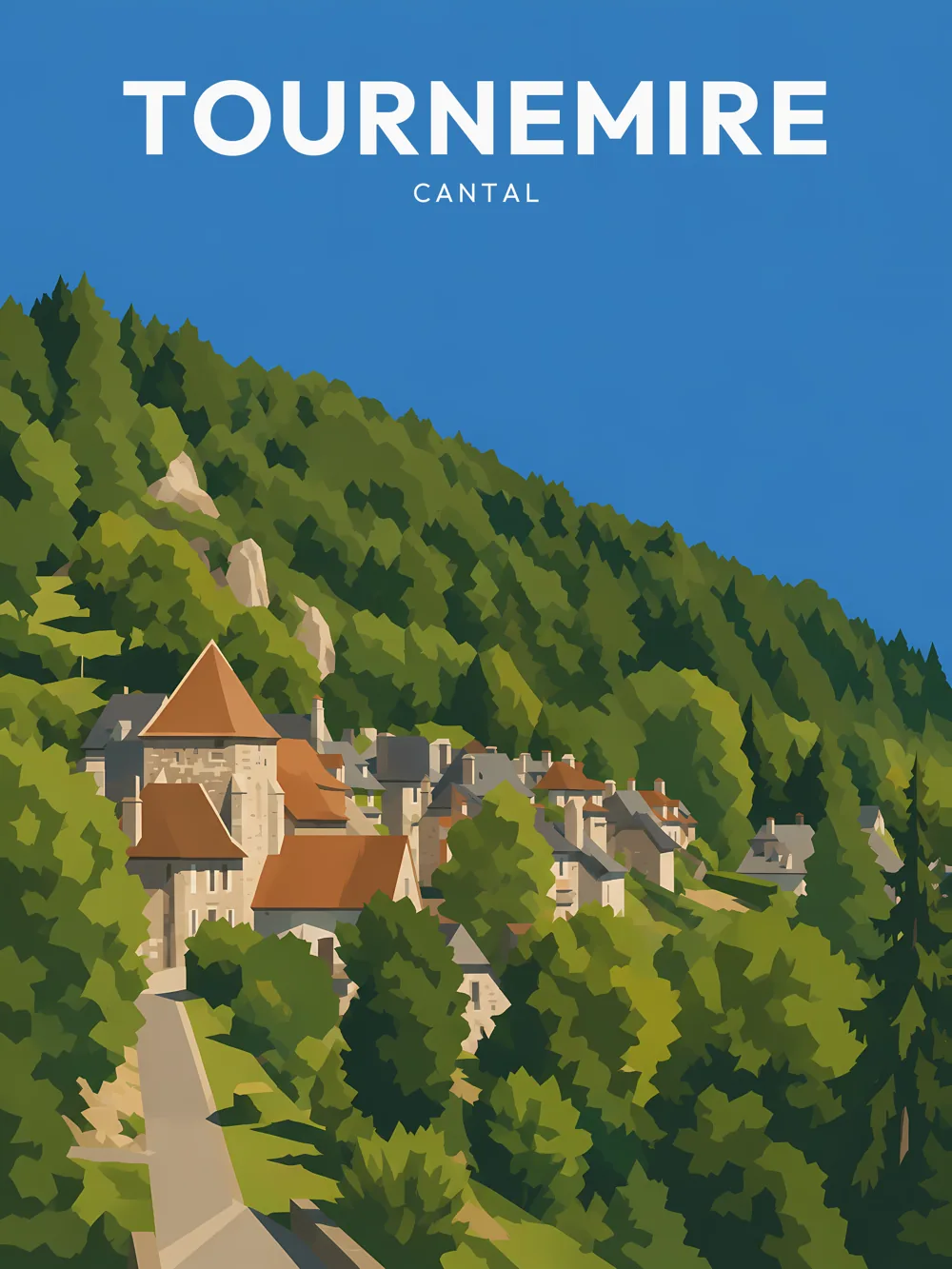 Illustration de Tournemire, dans le département de Cantal, réalisée dans un style d'affiche touristique vintage. La composition présente un panorama de la commune, avec des maisons aux toits en tuiles et une végétation dense qui s'étend sur les collines environnantes. Les couleurs dominantes sont des verts profonds, évoquant la nature environnante, sous un ciel bleu clair. Tournemire est remarquable pour son architecture traditionnelle et son cadre naturel, ce qui en fait une destination prisée pour le tourisme en Auvergne.