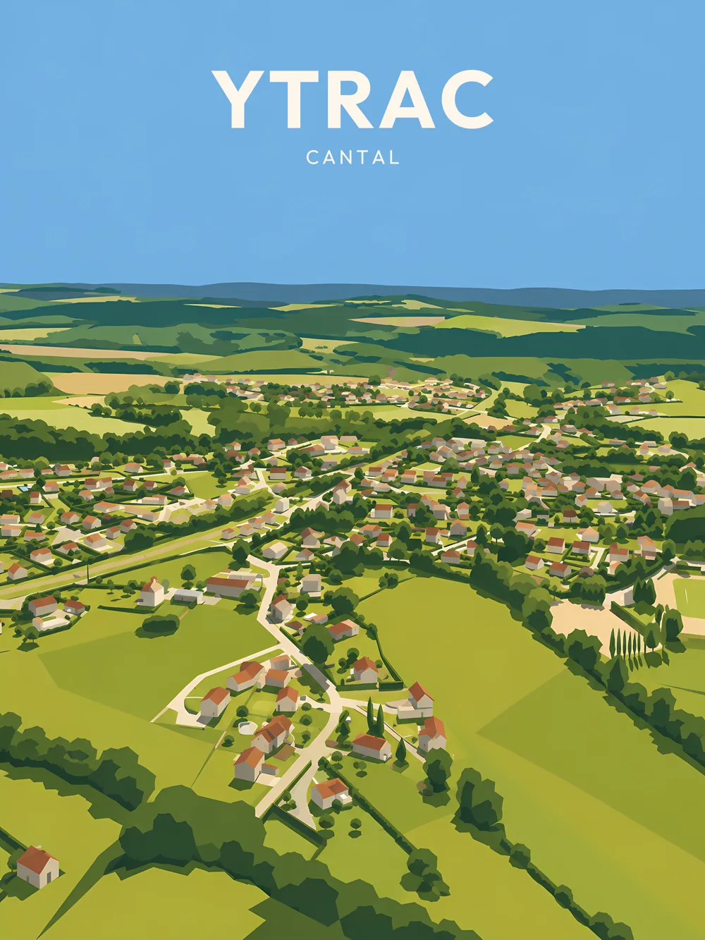 Illustration de Ytrac, dans le département de Cantal, réalisée dans un style d'affiche touristique vintage. Cette composition panoramique présente la commune entourée de collines verdoyantes et de champs, avec des habitations dispersées. Le ciel bleu et les couleurs vives créent une atmosphère lumineuse. Le style graphique se caractérise par des aplats de couleurs et des formes géométriques simplifiées. Ytrac est remarquable pour son cadre naturel et son patrimoine rural, valorisant ainsi le charme de la région Auvergne-Rhône-Alpes.