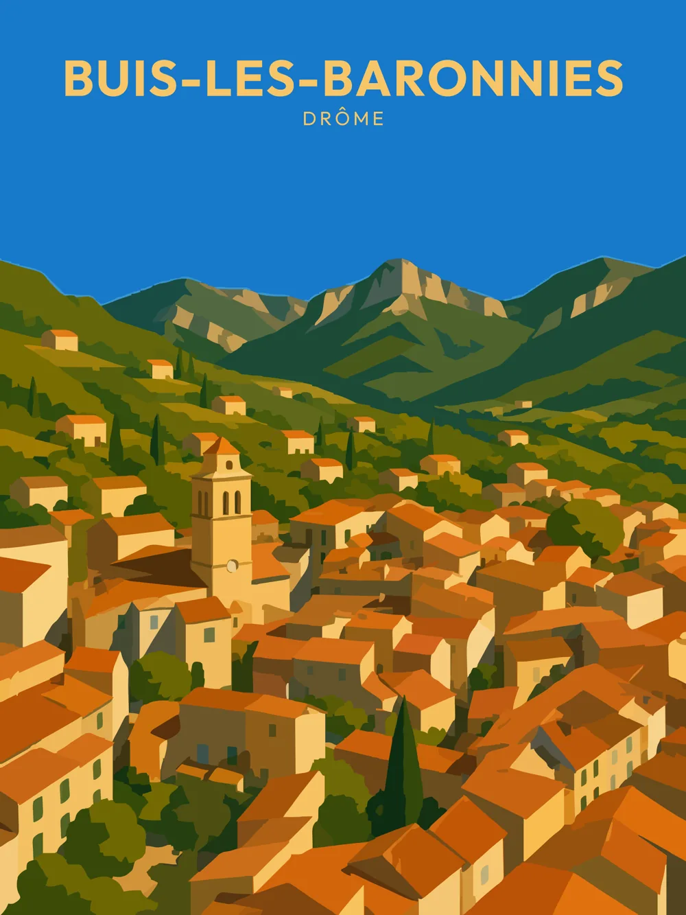 Illustration de Buis-les-Baronnies, dans le département de la Drôme, réalisée dans un style d'affiche touristique vintage. La composition montre un panorama de la commune, avec des maisons aux toits de tuiles et un clocher, le tout entouré de collines verdoyantes. Les couleurs chaudes et les formes géométriques simplifiées apportent une touche rétro. Buis-les-Baronnies est remarquable pour son cadre naturel exceptionnel et son architecture typique. Le patrimoine local est ainsi valorisé par cette illustration.