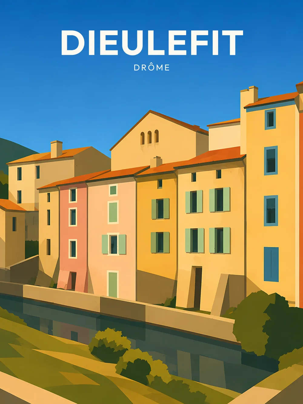 Illustration de Dieulefit, dans le département de Drôme, réalisée dans un style d'affiche touristique vintage. La composition présente des maisons aux façades colorées, alignées le long d'un cours d'eau, avec des fenêtres aux volets verts. En arrière-plan, des collines verdoyantes se dessinent sous un ciel bleu clair. Le style graphique utilise des aplats de couleurs et des formes géométriques, typiques des illustrations rétro. Dieulefit est remarquable pour son patrimoine artisanal, notamment sa poterie, et offre un cadre pittoresque pour les visiteurs.