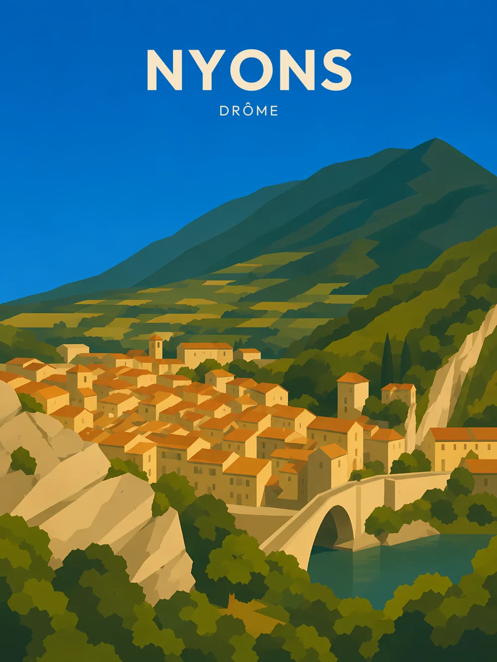 Illustration de Nyons, dans le département de Drôme, réalisée dans un style d'affiche touristique vintage. Cette image montre le village de Nyons, avec ses maisons en pierres dorées, un pont en arc surplombant une rivière, et des collines verdoyantes en arrière-plan. Les couleurs dominantes sont chaudes et méditerranéennes, évoquant une belle journée ensoleillée. Nyons est réputée pour son huile d'olive et son charme provençal. Le patrimoine local est riche et invite à la découverte.