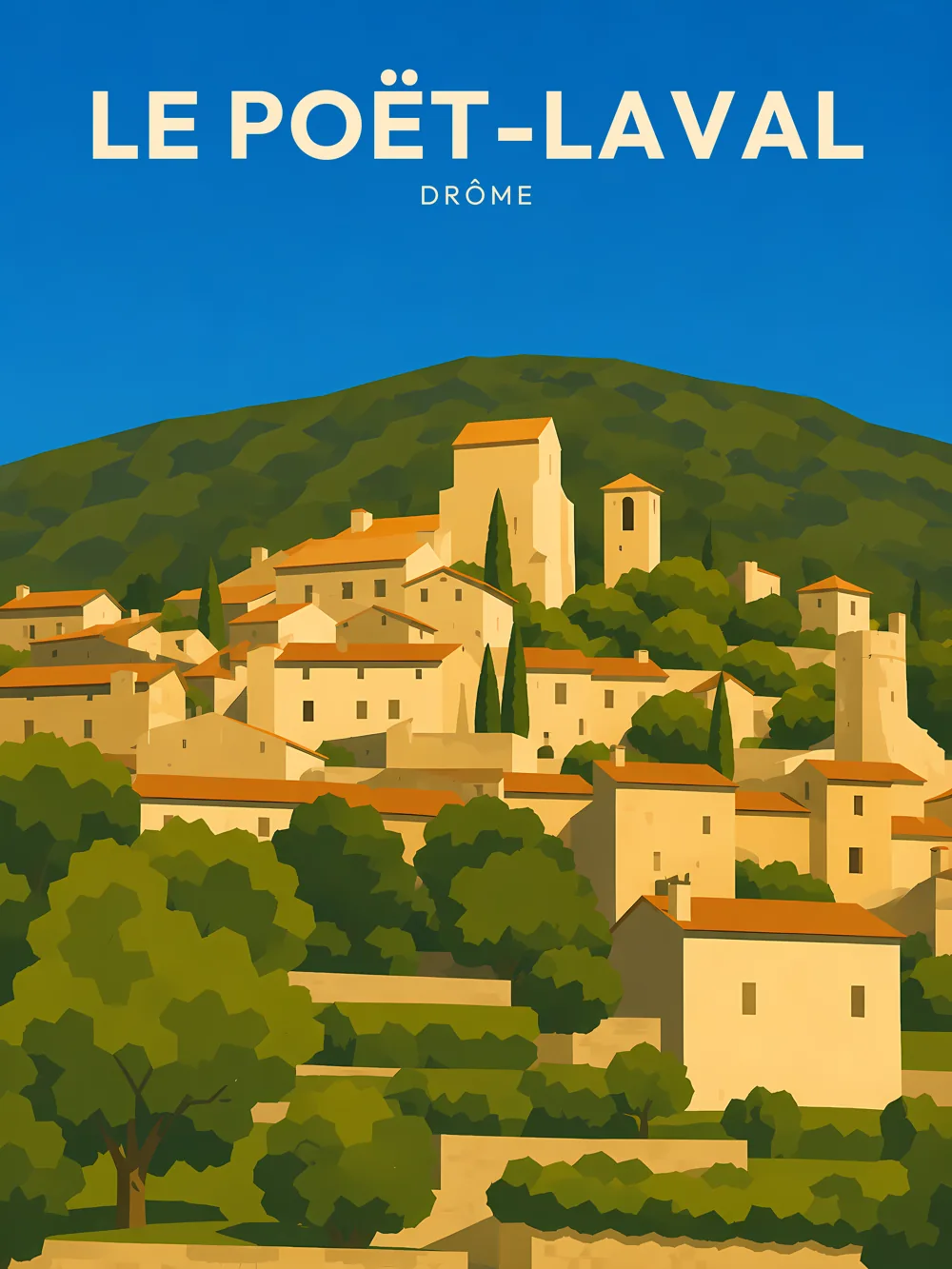 Illustration de Le Poët-Laval, dans le département de Drôme, réalisée dans un style d'affiche touristique vintage. L'image montre un village perché sur une colline, avec des maisons blanches aux toits en tuiles, des cyprès élancés et un fond de verdure. Le ciel est d'un bleu profond, ajoutant à la luminosité de la scène. Le style graphique est caractérisé par des aplats de couleurs et des formes géométriques simples. Le Poët-Laval est remarquable pour son architecture médiévale et son environnement naturel. Le patrimoine local est un véritable atout pour les visiteurs.