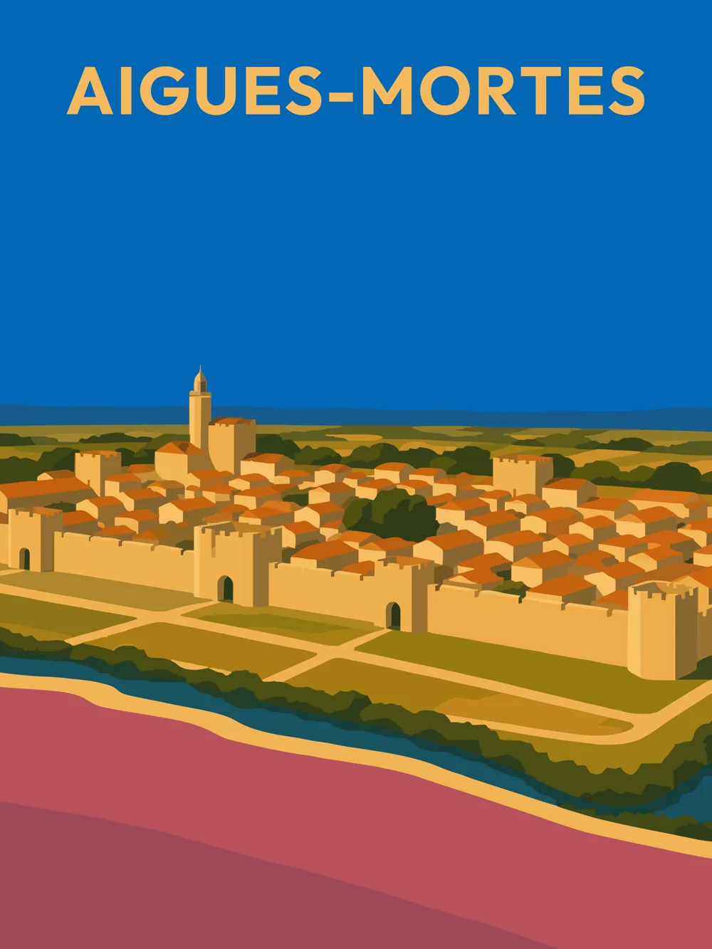 Illustration d'Aigues-Mortes dans le Gard réalisée dans un style d'affiche touristique vintage. L'image représente la cité fortifiée entourée de ses remparts, dominée par la tour de Constance et bordée par les célèbres salins aux teintes rosées, emblèmes du patrimoine camarguais et du littoral méditerranéen français.