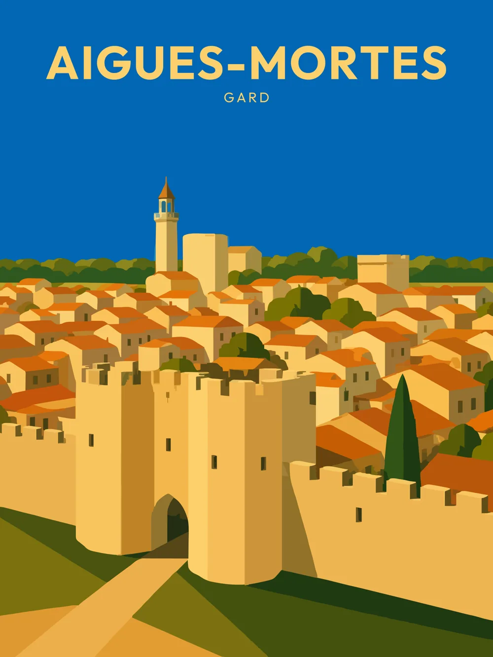 Affiche Affiche vintage d'Aigues-Mortes et de ses remparts fortifiés