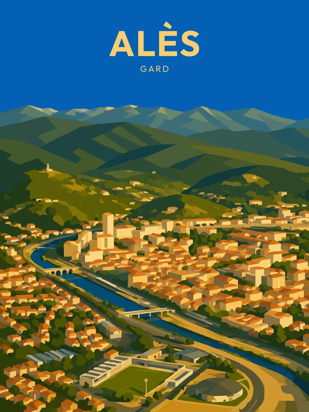 Illustration d'Alès, dans le département de Gard, réalisée dans un style d'affiche touristique vintage. Cette composition aérienne met en avant la rivière qui traverse la ville, entourée de maisons aux teintes chaleureuses et de collines verdoyantes. En arrière-plan, les montagnes apportent une touche majestueuse, tandis que le ciel bleu vif illumine l'ensemble. Alès est réputée pour son patrimoine industriel et son cadre naturel attrayant, faisant de cette commune un lieu de visite incontournable. Le patrimoine local est riche et mérite d'être valorisé.