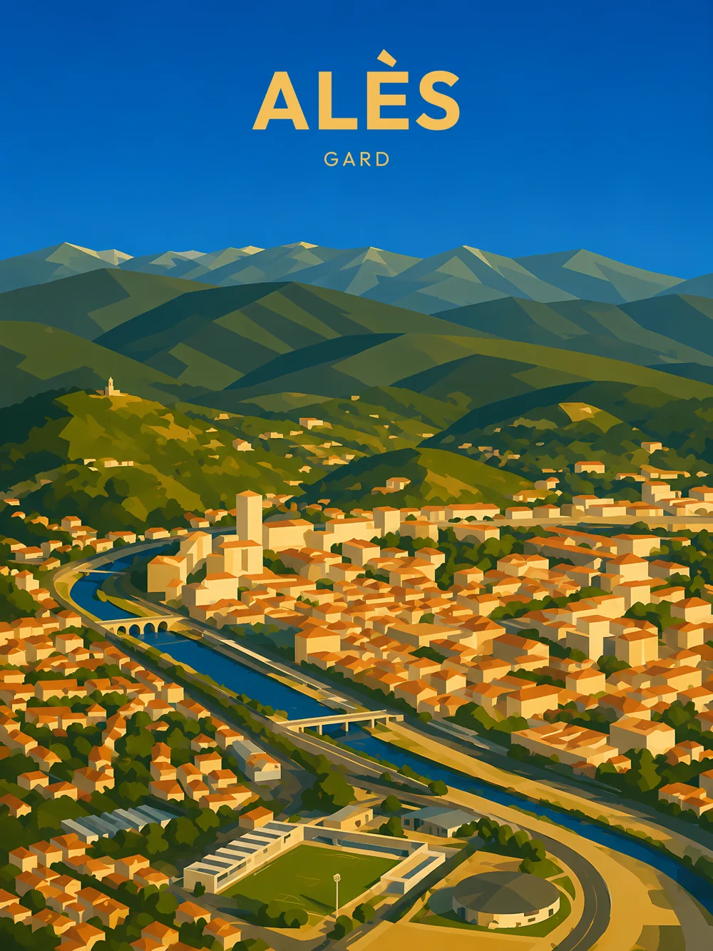 Illustration d'Alès, dans le département de Gard, réalisée dans un style d'affiche touristique vintage. Cette composition aérienne met en avant la rivière qui traverse la ville, entourée de maisons aux teintes chaleureuses et de collines verdoyantes. En arrière-plan, les montagnes apportent une touche majestueuse, tandis que le ciel bleu vif illumine l'ensemble. Alès est réputée pour son patrimoine industriel et son cadre naturel attrayant, faisant de cette commune un lieu de visite incontournable. Le patrimoine local est riche et mérite d'être valorisé.