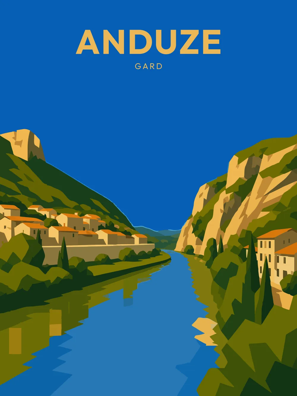 Illustration d'Anduze, dans le département de Gard, réalisée dans un style d'affiche touristique vintage. L'image présente un paysage naturel avec des collines verdoyantes de part et d'autre d'un cours d'eau tranquille. Les bâtiments aux teintes chaudes se trouvent sur la rive, tandis que le ciel bleu éclatant illumine la scène. Ce tableau graphique, aux formes géométriques et aux aplats de couleurs, reflète l'ambiance paisible d'Anduze, une commune reconnue pour son patrimoine naturel et historique, et son attrait pour les amoureux de la nature.